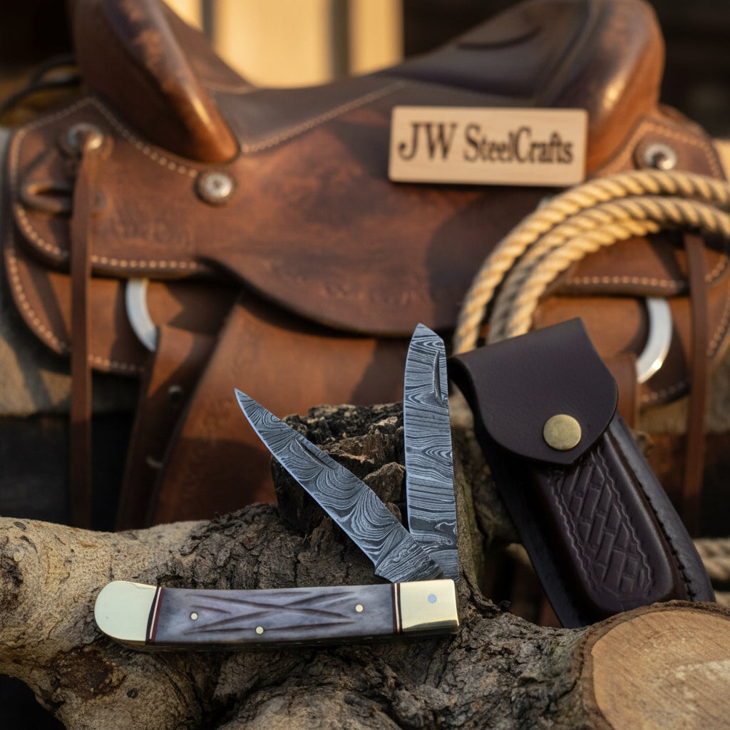 Damascus Steel Trapper Knife 4" with Bone Handle, Folding Pocket Knife