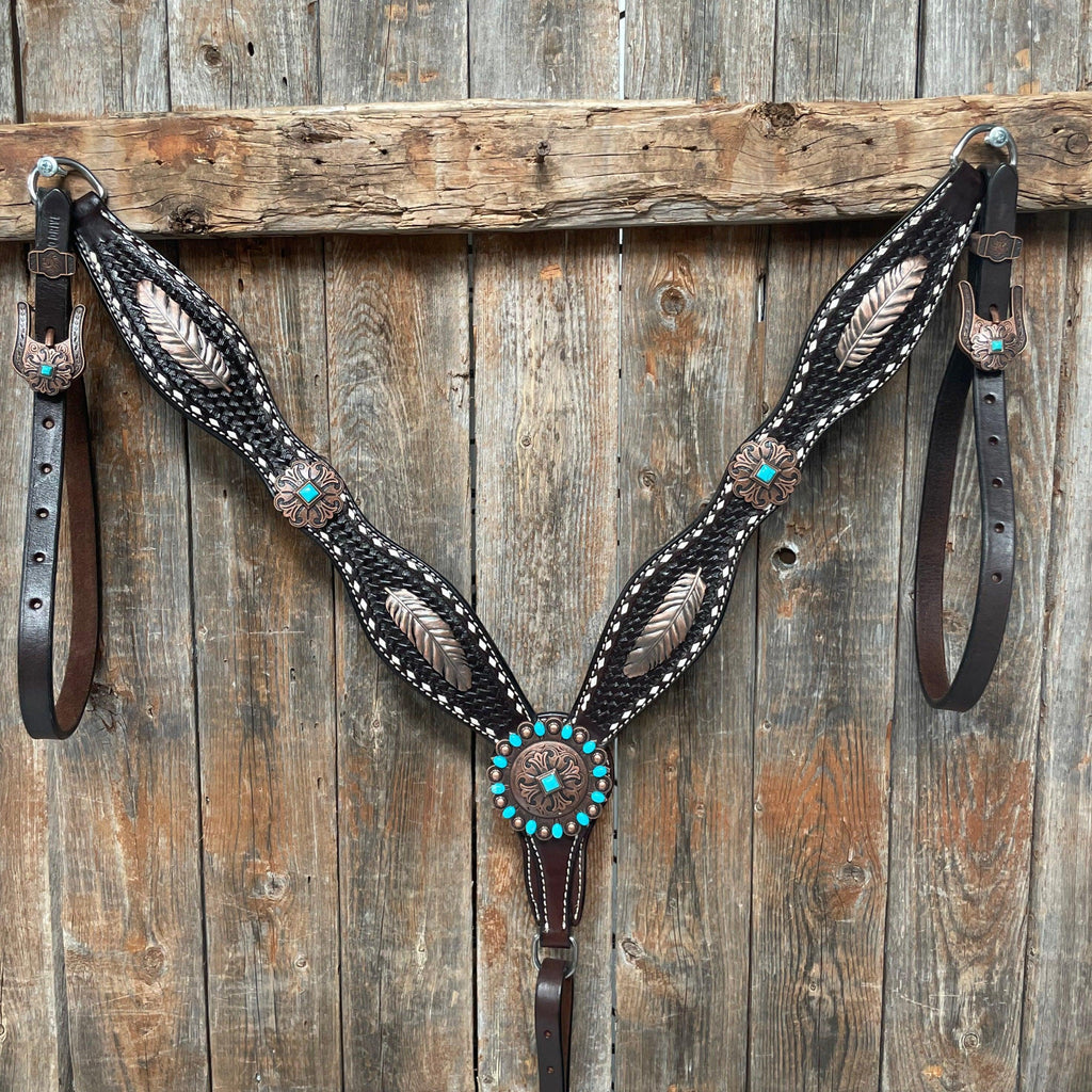 Dark Oil Buckstitch Copper and Turquoise Browband / One Ear / Breastcollar Buckstitch Tack Set #BBBC400 — view 3