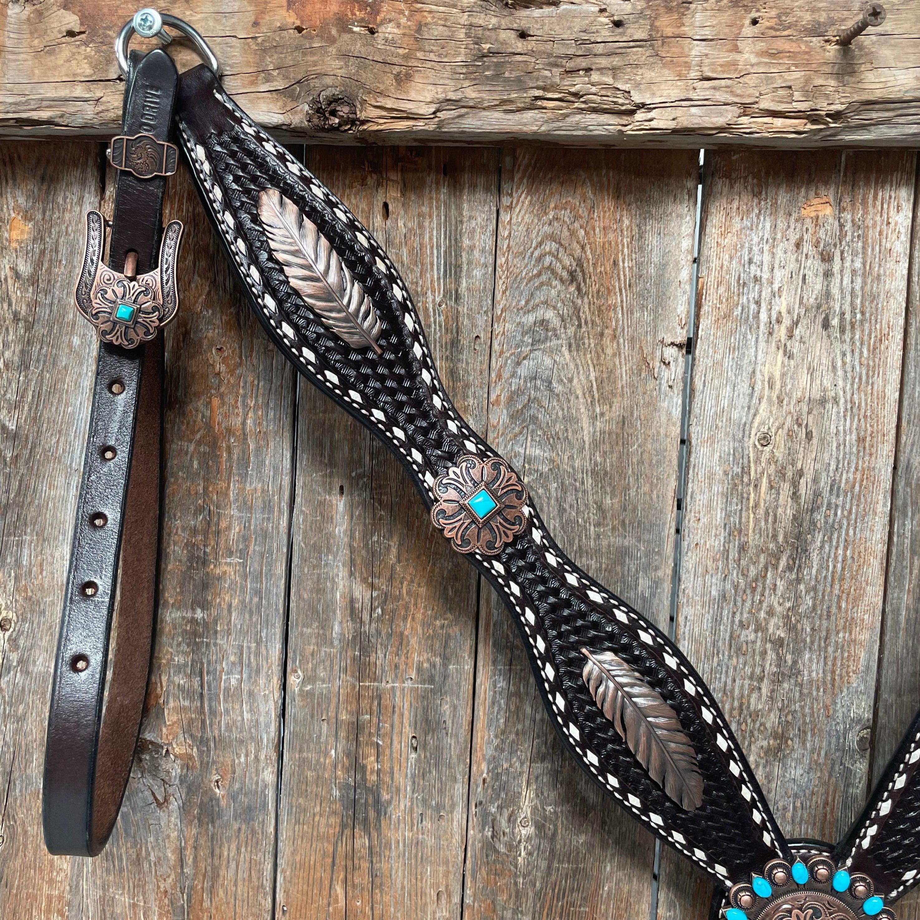 Dark Oil Buckstitch Copper and Turquoise Browband / One Ear / Breastcollar Buckstitch Tack Set #BBBC400 — view 4