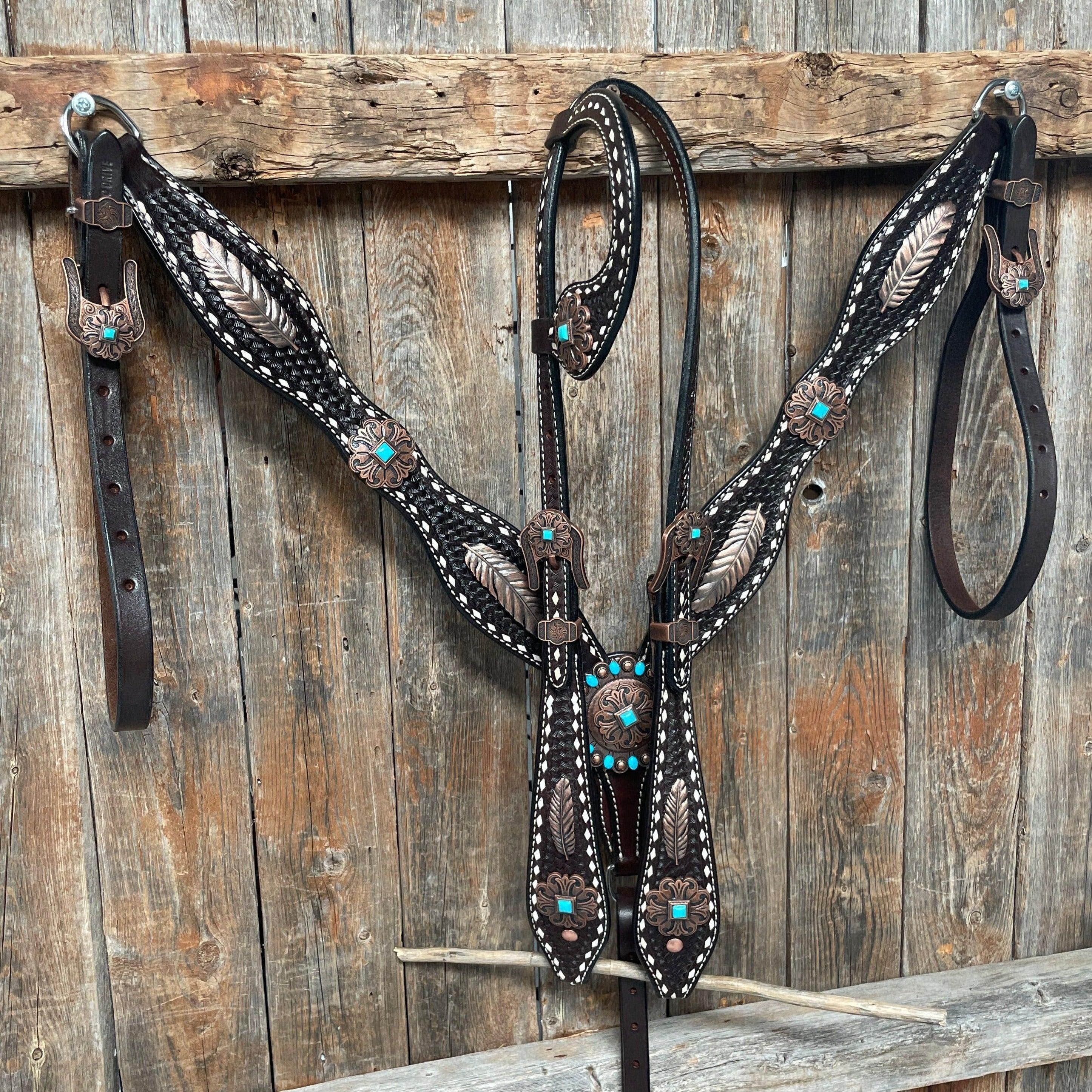 Dark Oil Buckstitch Copper and Turquoise Browband / One Ear / Breastcollar Buckstitch Tack Set #BBBC400 — view 2