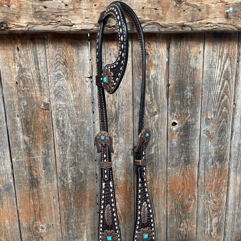 Dark Oil Buckstitch Copper and Turquoise Browband / One Ear / Breastcollar Buckstitch Tack Set #BBBC400 — view 5