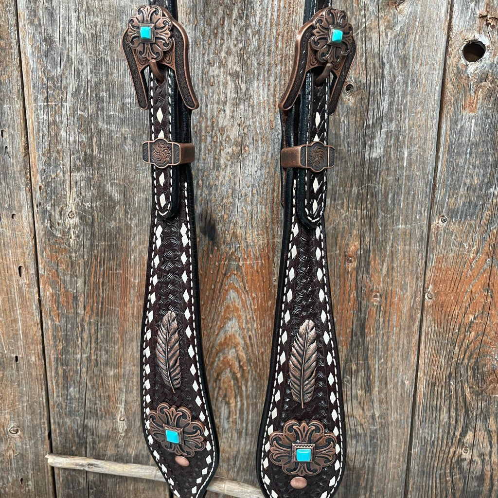Dark Oil Buckstitch Copper and Turquoise Browband / One Ear / Breastcollar Buckstitch Tack Set #BBBC400 — view 6