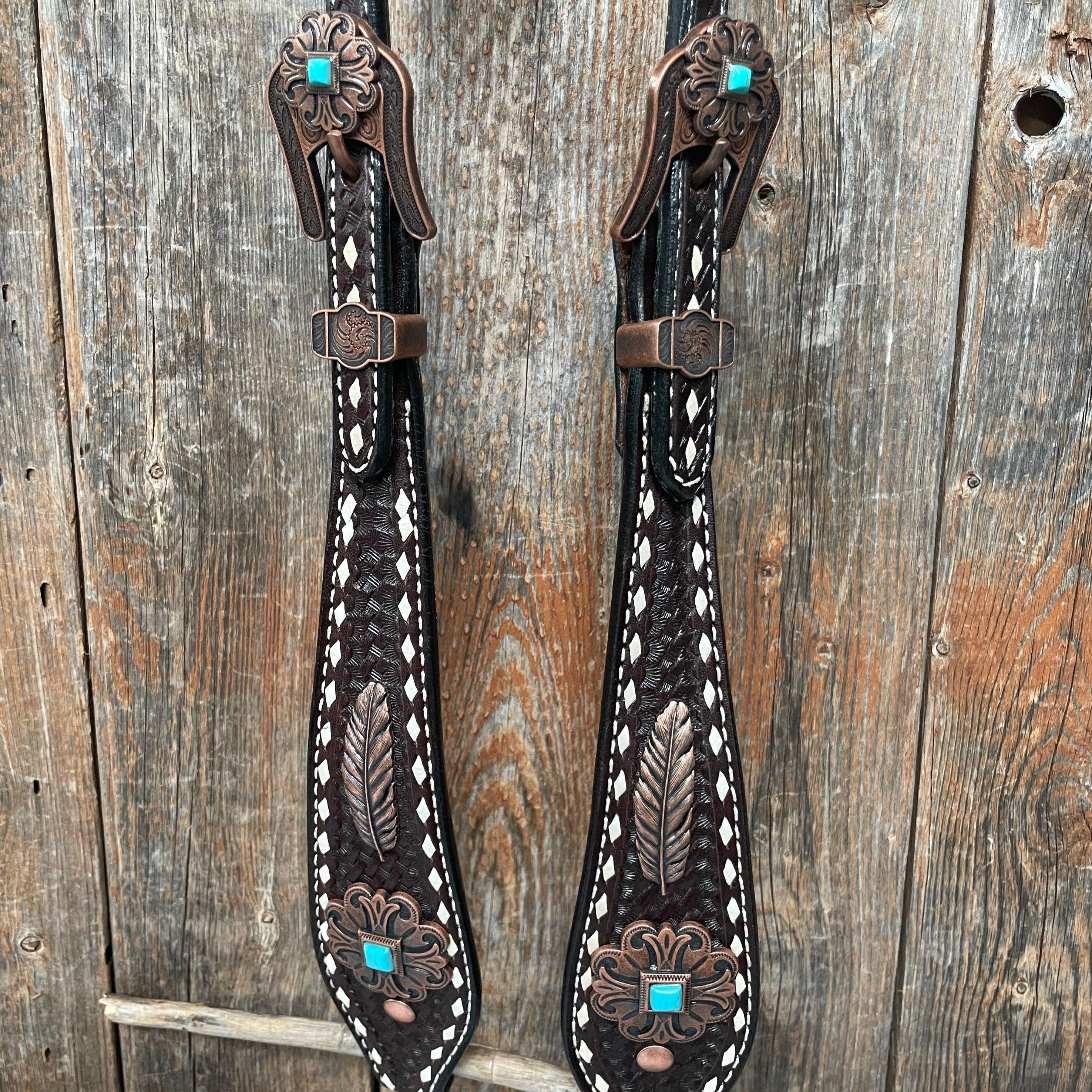 Dark Oil Buckstitch Copper and Turquoise Browband / One Ear / Breastcollar Buckstitch Tack Set #BBBC400 — view 6