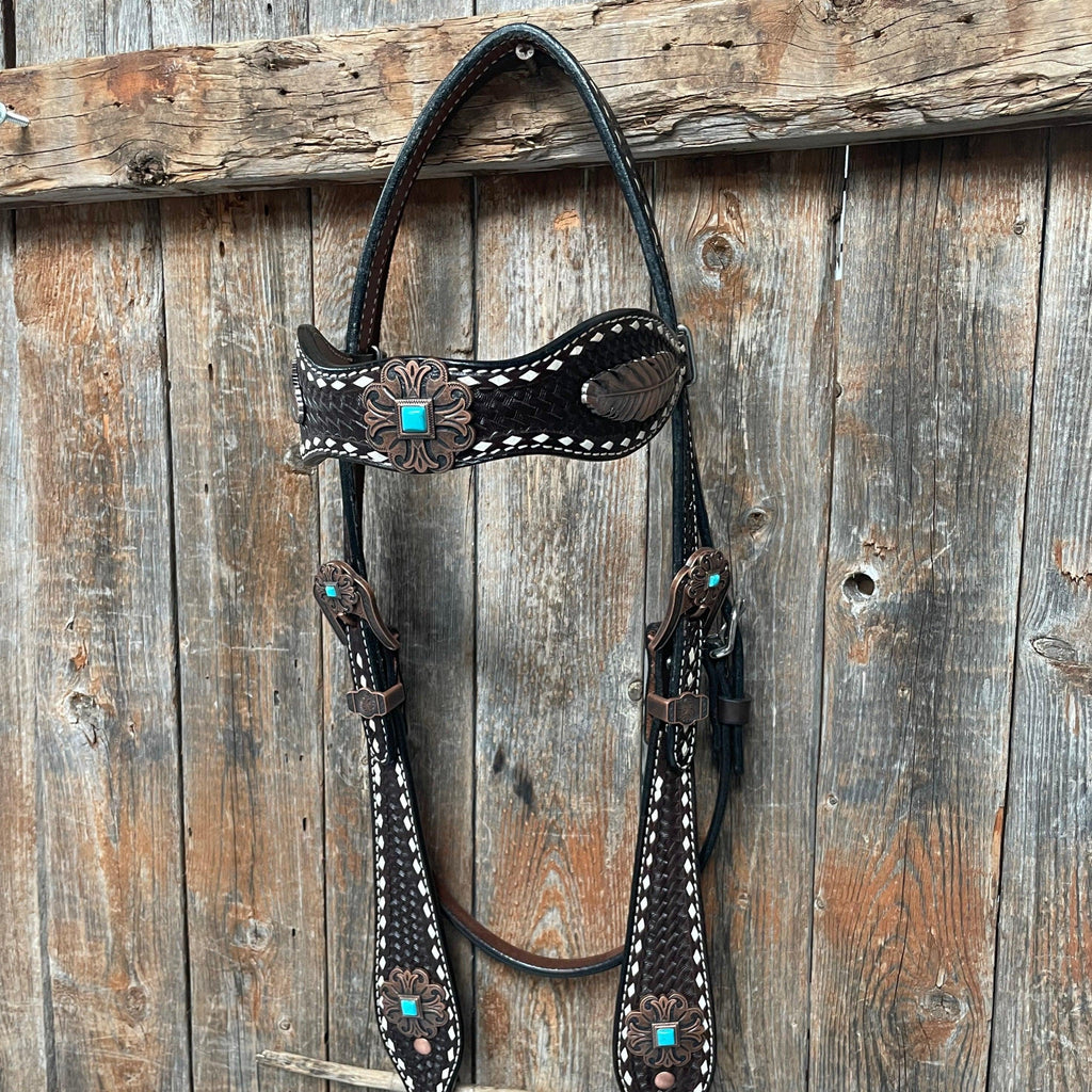 Dark Oil Buckstitch Copper and Turquoise Browband / One Ear / Breastcollar Buckstitch Tack Set #BBBC400 — view 7