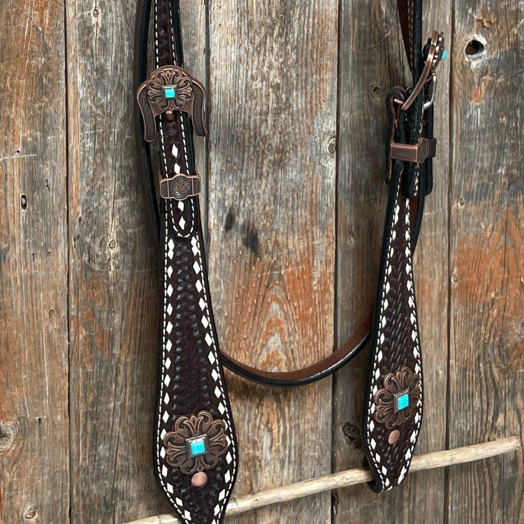 Dark Oil Buckstitch Copper and Turquoise Browband / One Ear / Breastcollar Buckstitch Tack Set #BBBC400 — view 8