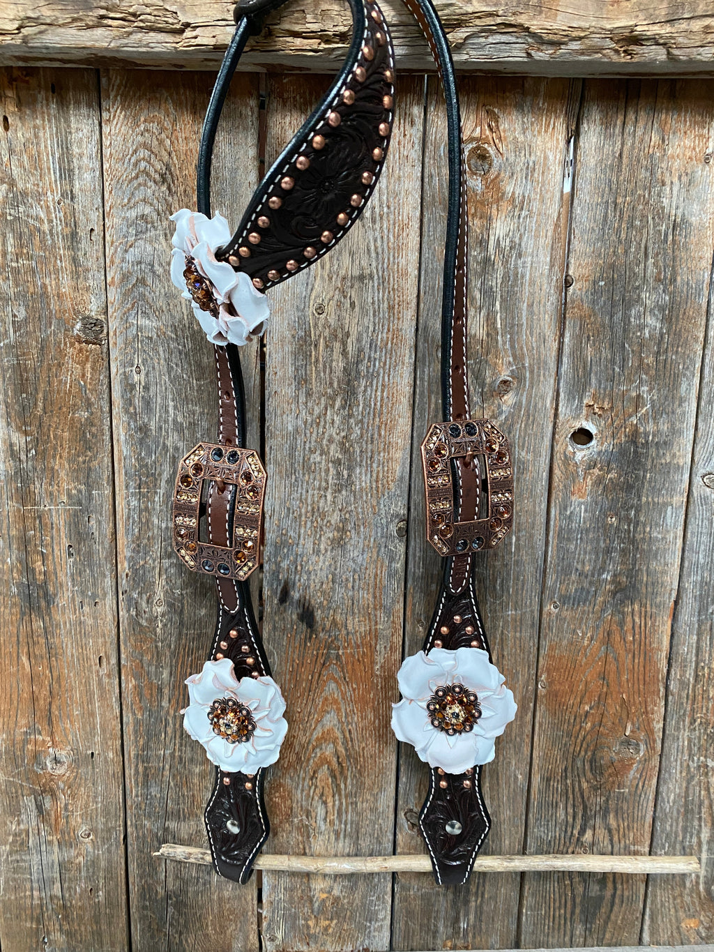 Dark Oil Copper Dot White and Topaz Browband / One Ear Tack Set #BBBC441 — view 6