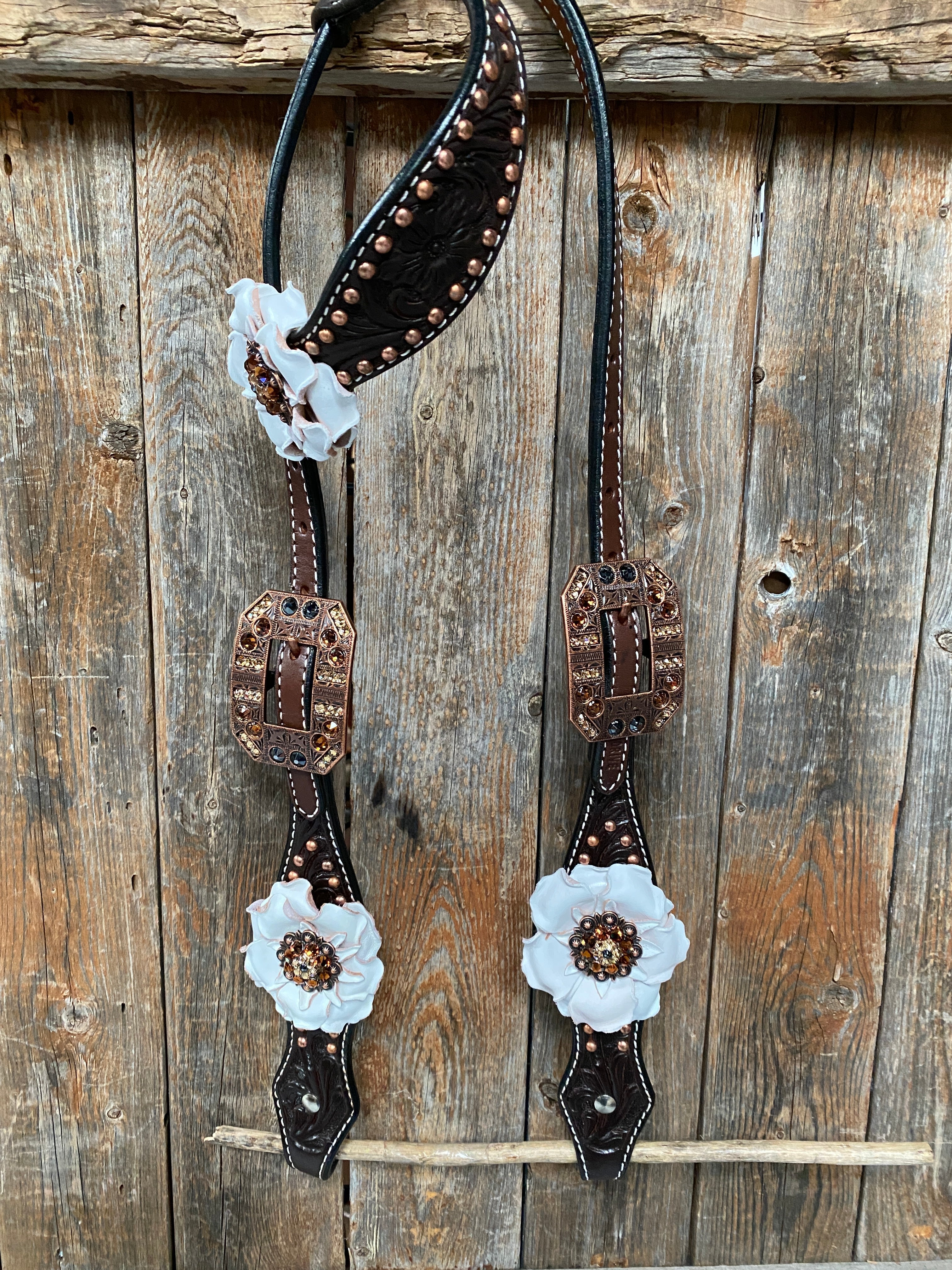 Dark Oil Copper Dot White and Topaz Browband / One Ear Tack Set #BBBC441 — view 6