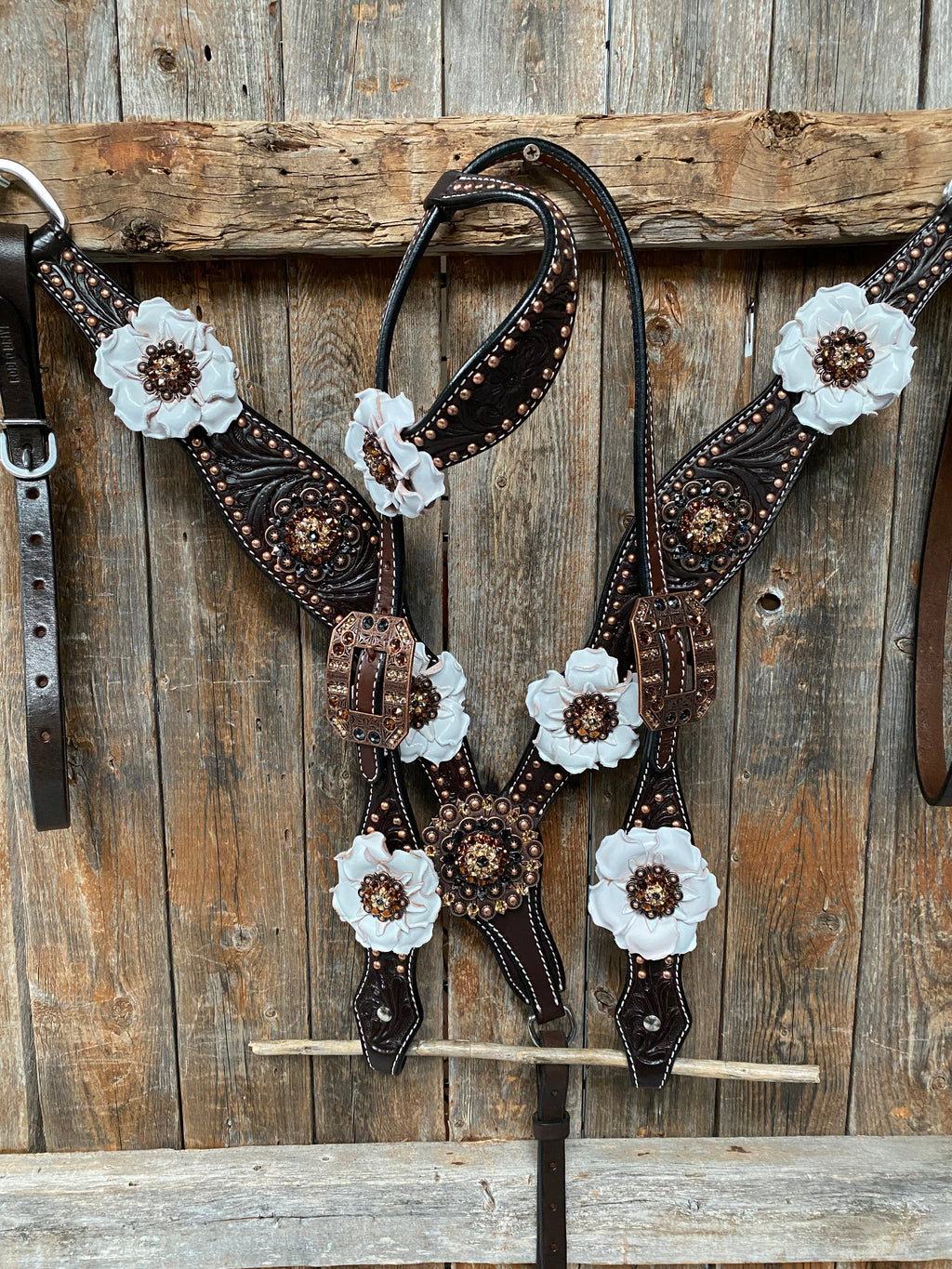 Dark Oil Copper Dot White and Topaz Browband / One Ear Tack Set #BBBC441 — view 2
