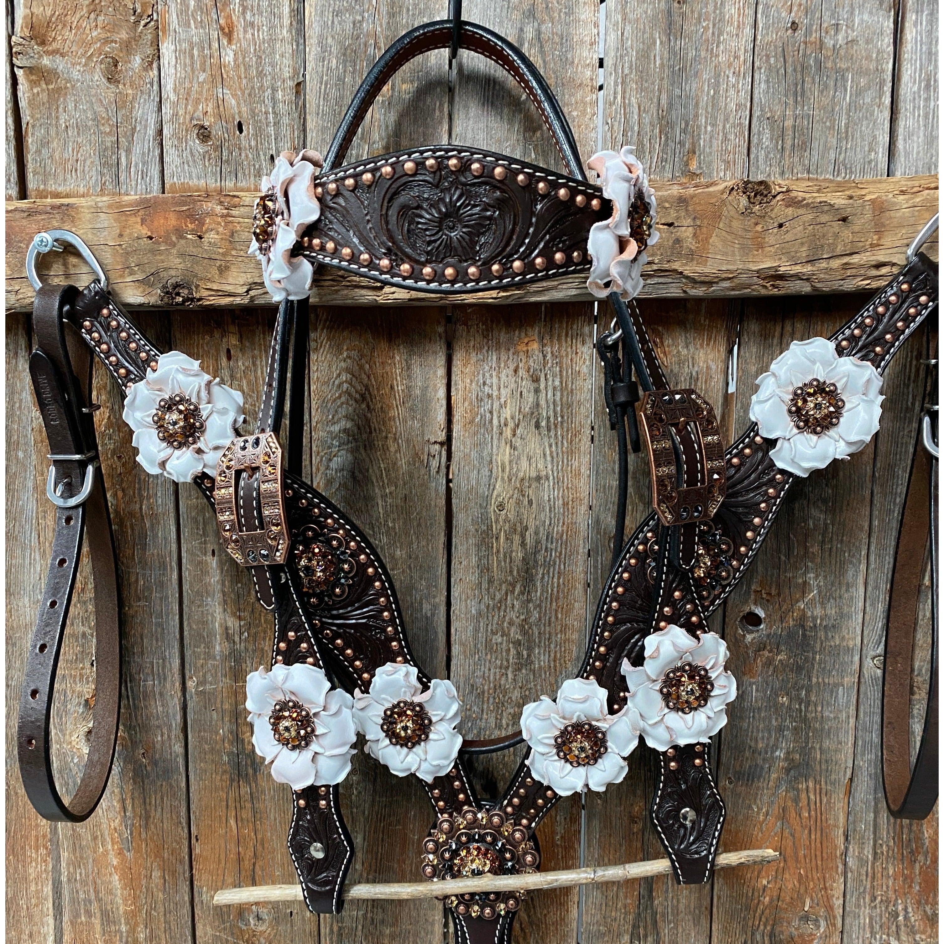 Dark Oil Copper Dot White and Topaz Browband / One Ear Tack Set #BBBC441