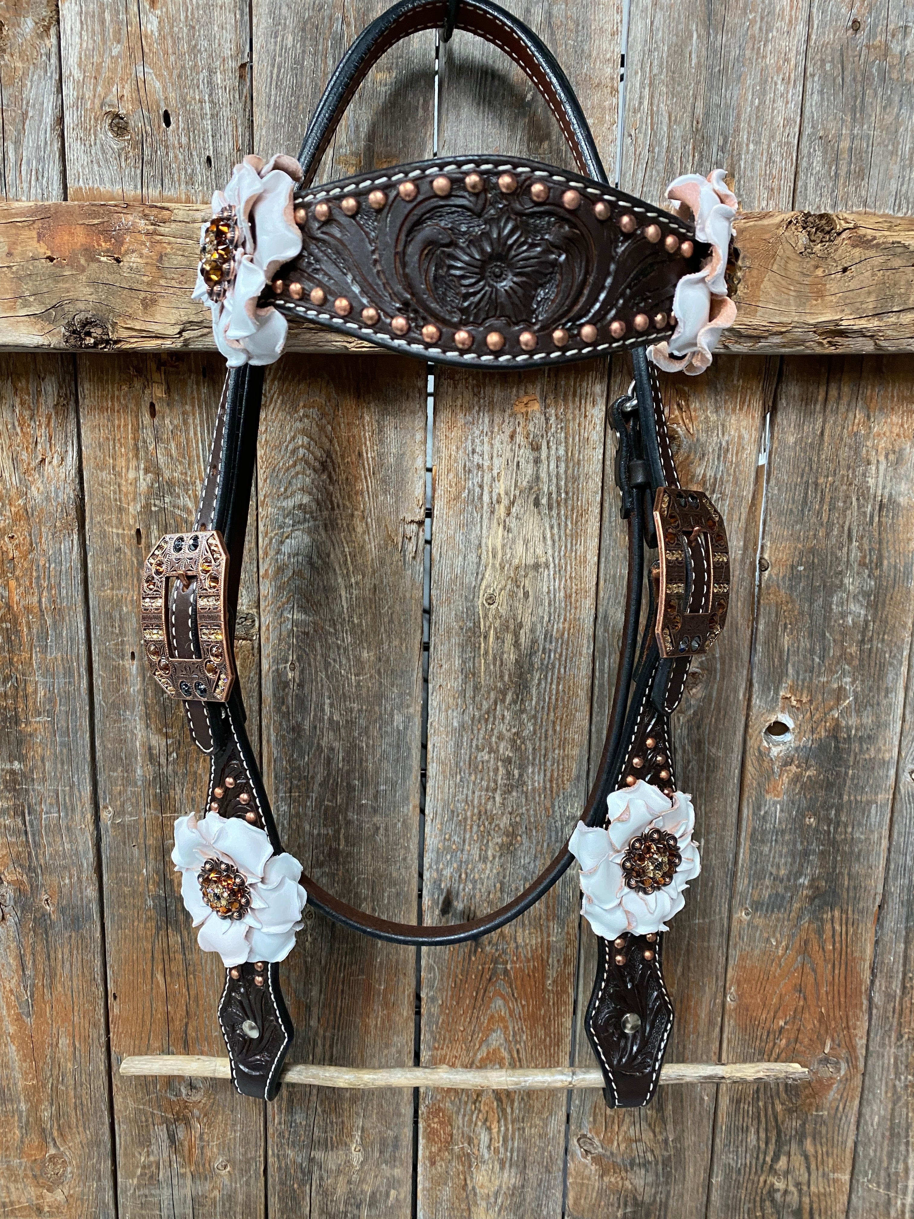 Dark Oil Copper Dot White and Topaz Browband / One Ear Tack Set #BBBC441 — view 3