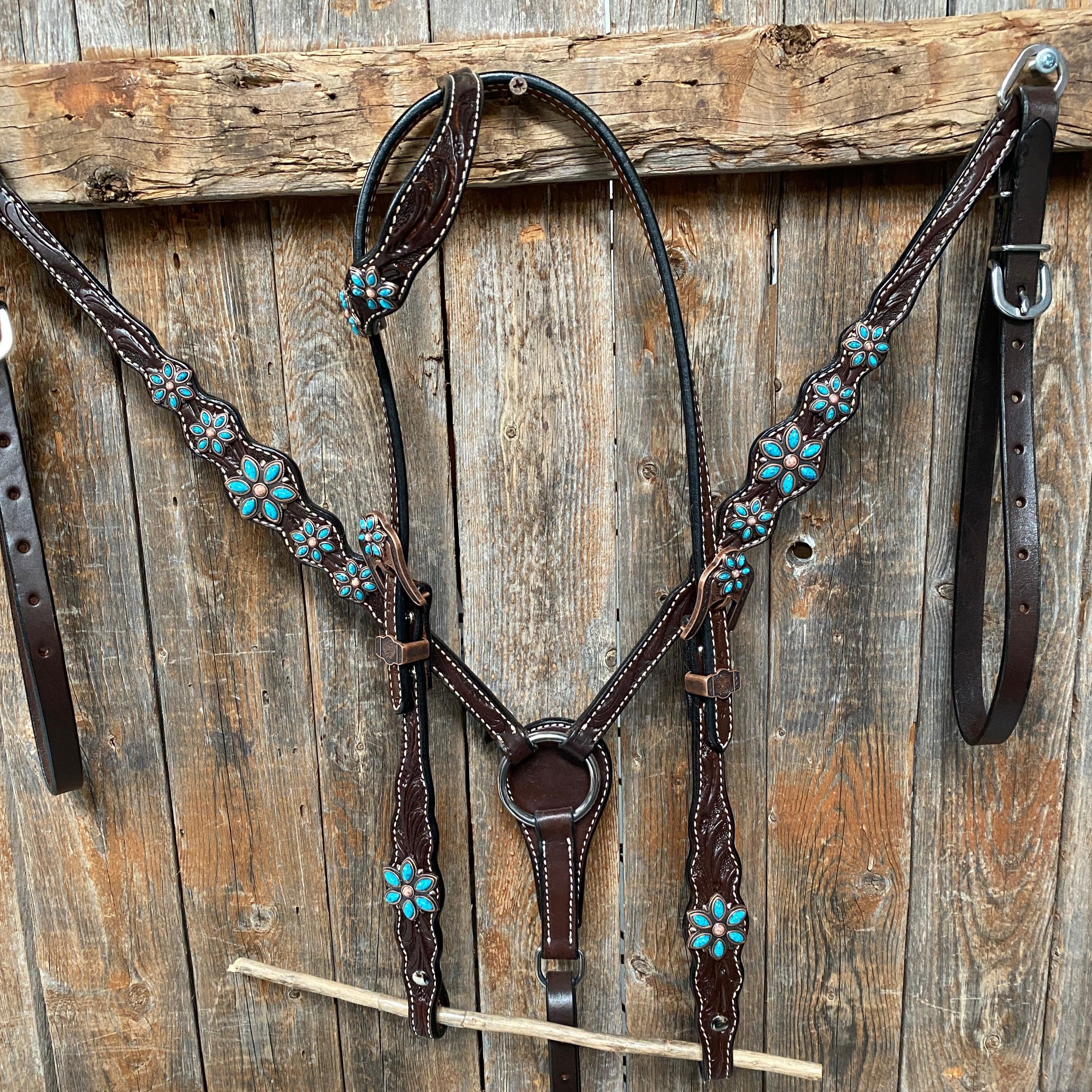 Dark Floral Turquoise Browband/One Ear Tack Set with Wither Strap #BBBC465 — view 5