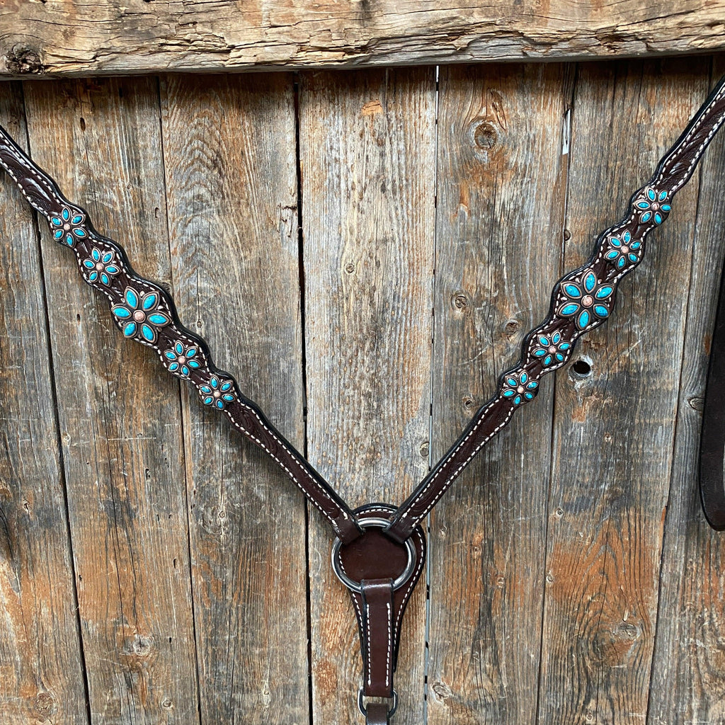 Dark Floral Turquoise Browband/One Ear Tack Set with Wither Strap #BBBC465 — view 6