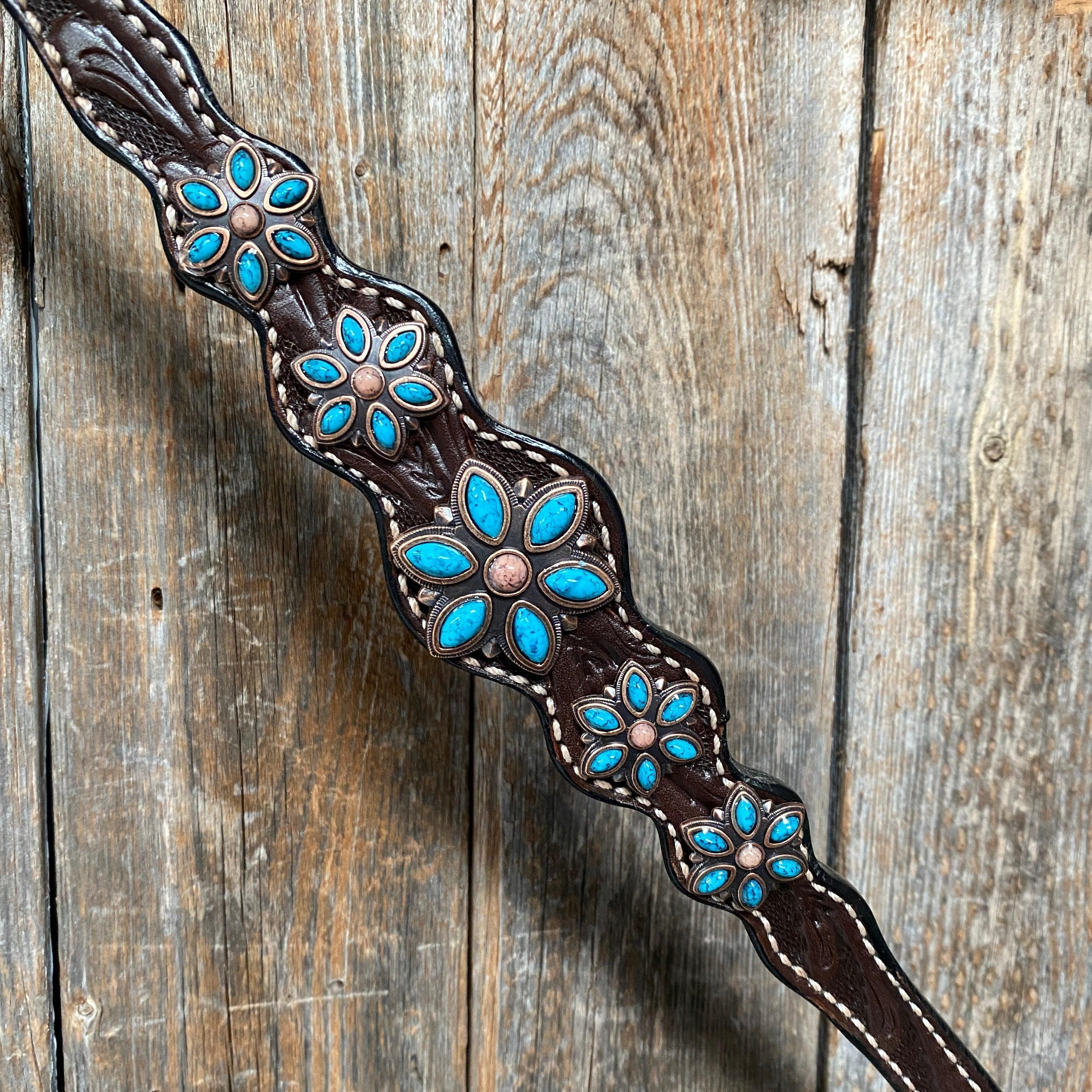 Dark Floral Turquoise Browband/One Ear Tack Set with Wither Strap #BBBC465 — view 7