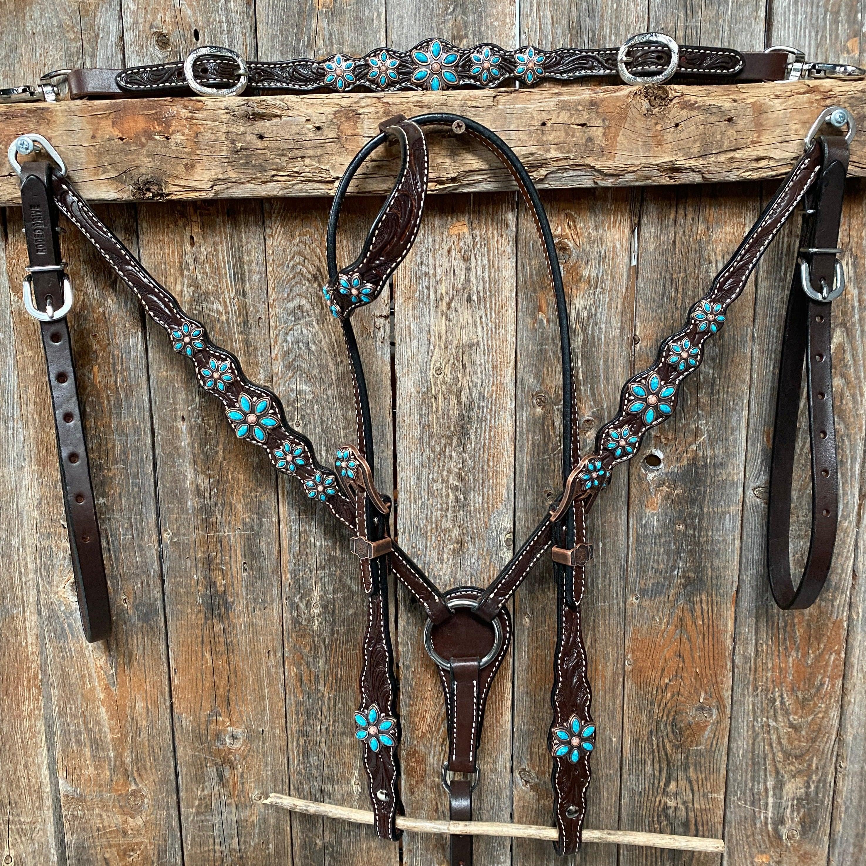 Dark Floral Turquoise Browband/One Ear Tack Set with Wither Strap #BBBC465 — view 3