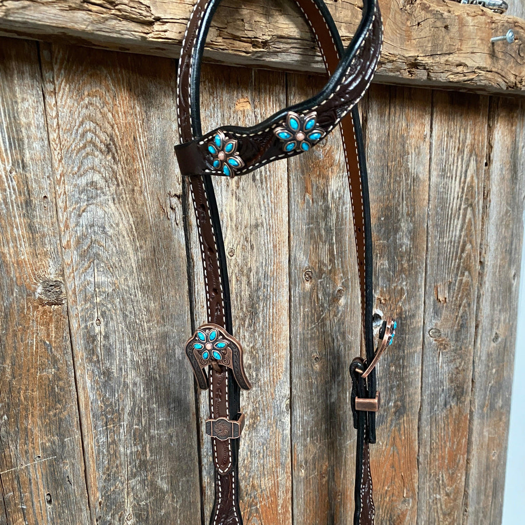 Dark Floral Turquoise Browband/One Ear Tack Set with Wither Strap #BBBC465 — view 8