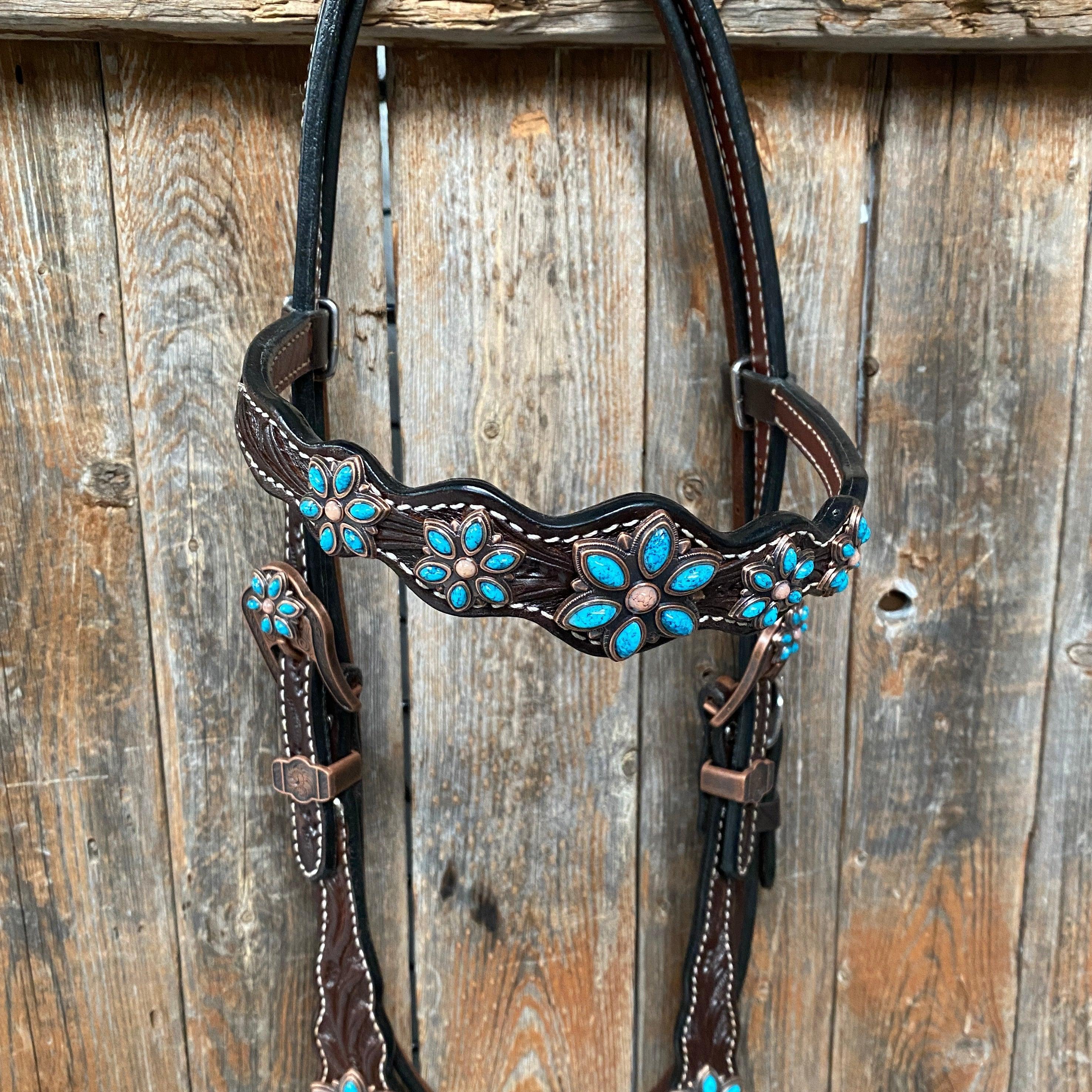 Dark Floral Turquoise Browband/One Ear Tack Set with Wither Strap #BBBC465 — view 10