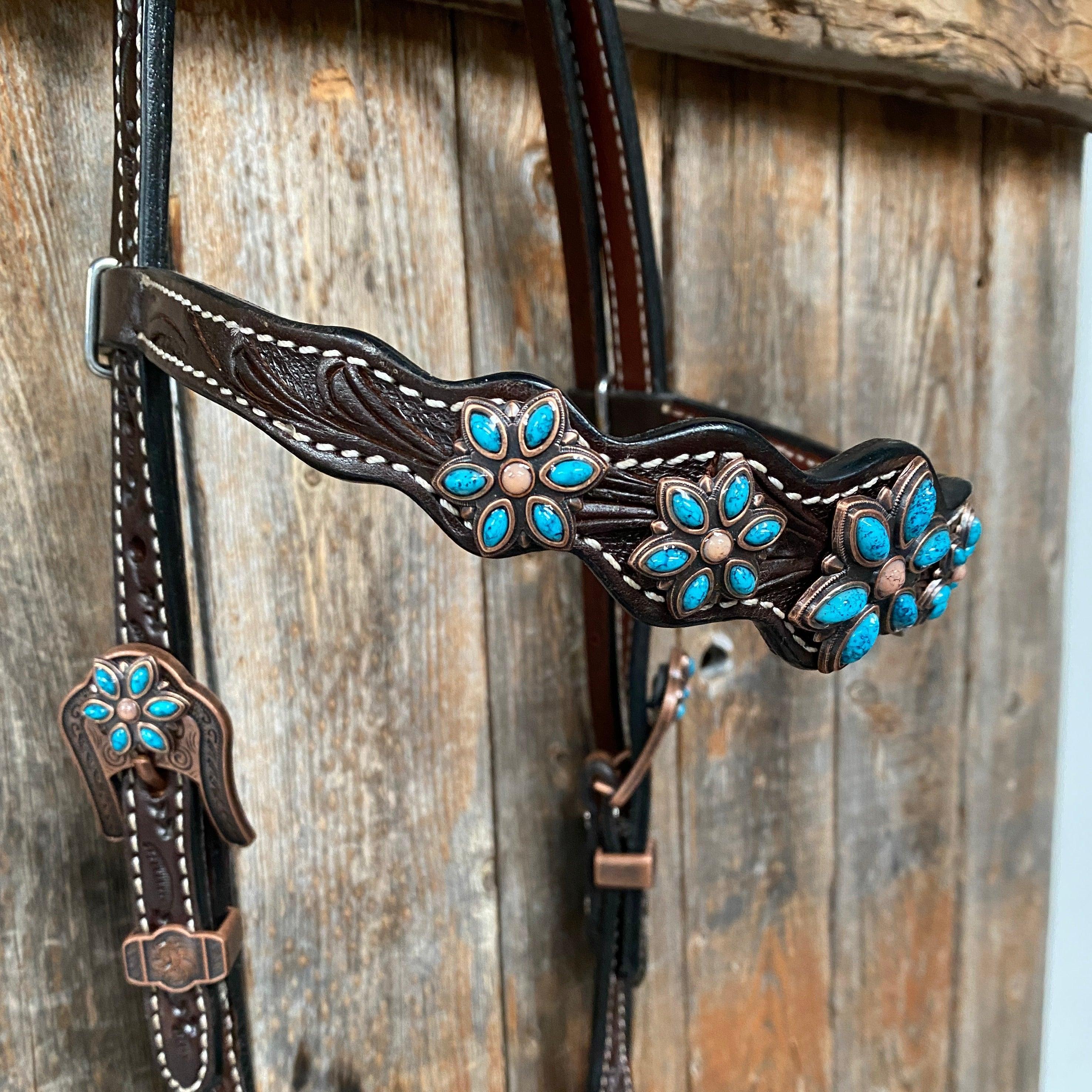 Dark Floral Turquoise Browband/One Ear Tack Set with Wither Strap #BBBC465 — view 11