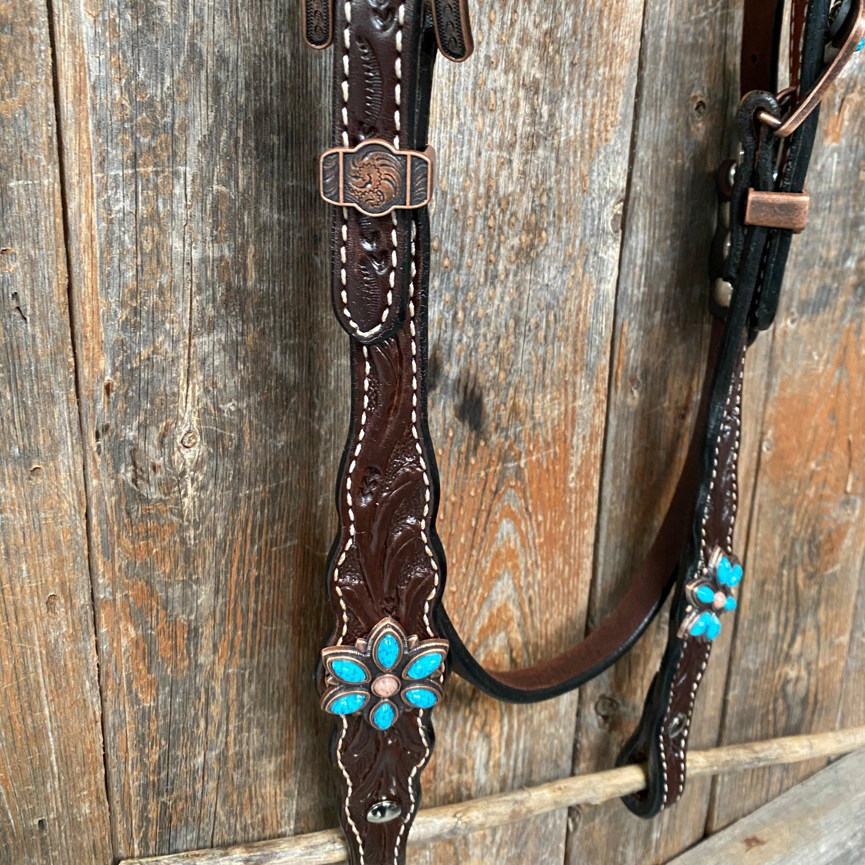 Dark Floral Turquoise Browband/One Ear Tack Set with Wither Strap #BBBC465 — view 9