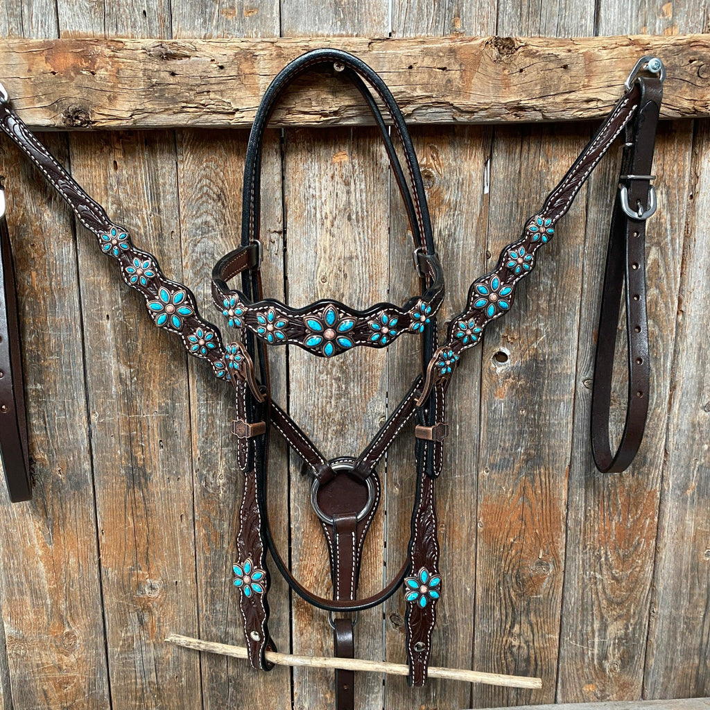 Dark Floral Turquoise Browband/One Ear Tack Set with Wither Strap #BBBC465 — view 4