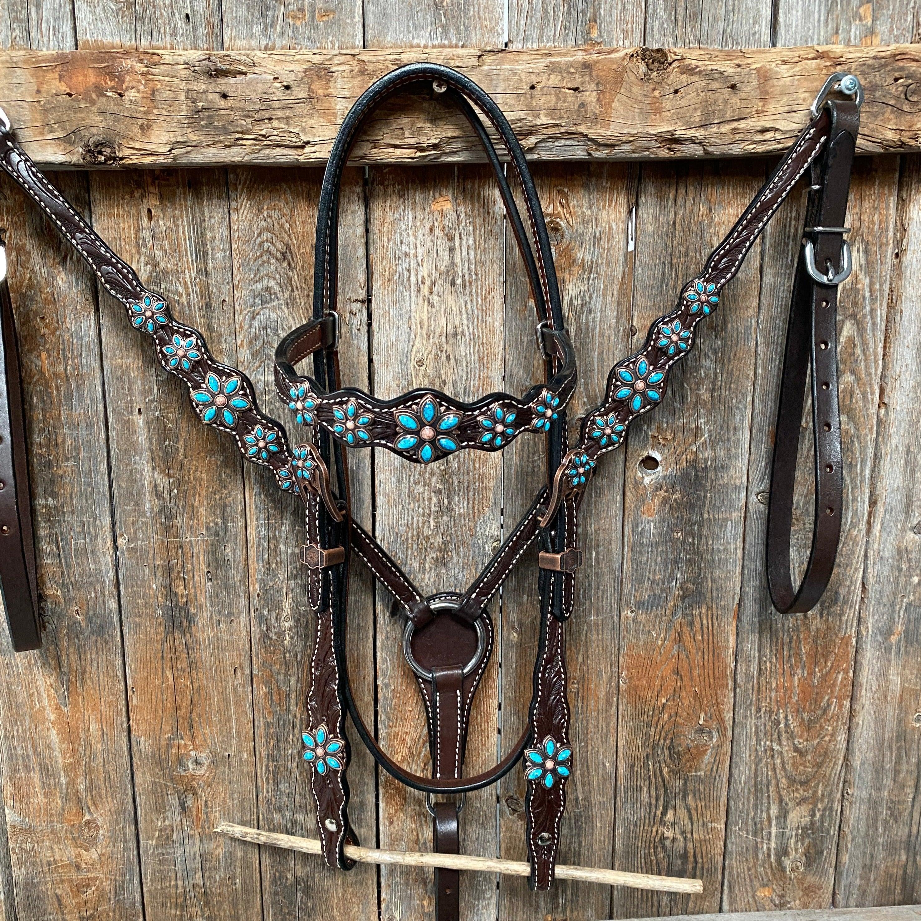 Dark Floral Turquoise Browband/One Ear Tack Set with Wither Strap #BBBC465 — view 4
