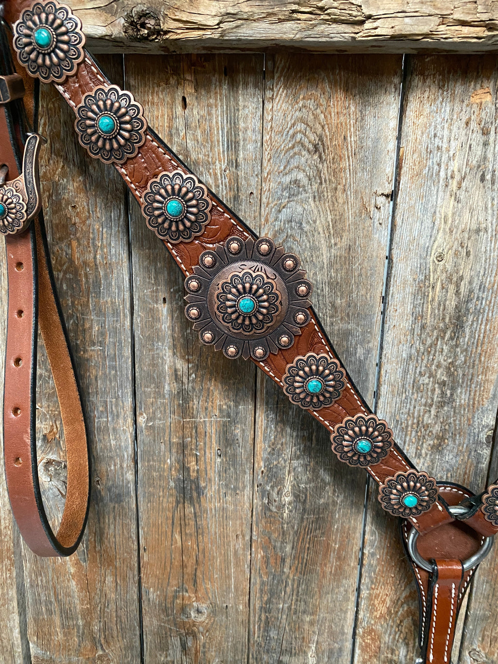 Medium Oil Copper Turquoise Browband Tack Set #BBBC468 — view 3