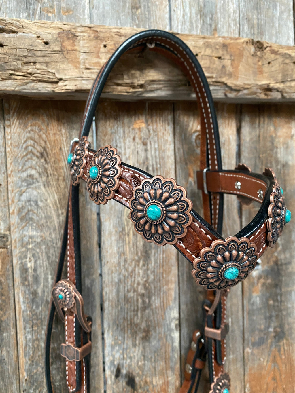 Medium Oil Copper Turquoise Browband Tack Set #BBBC468 — view 5