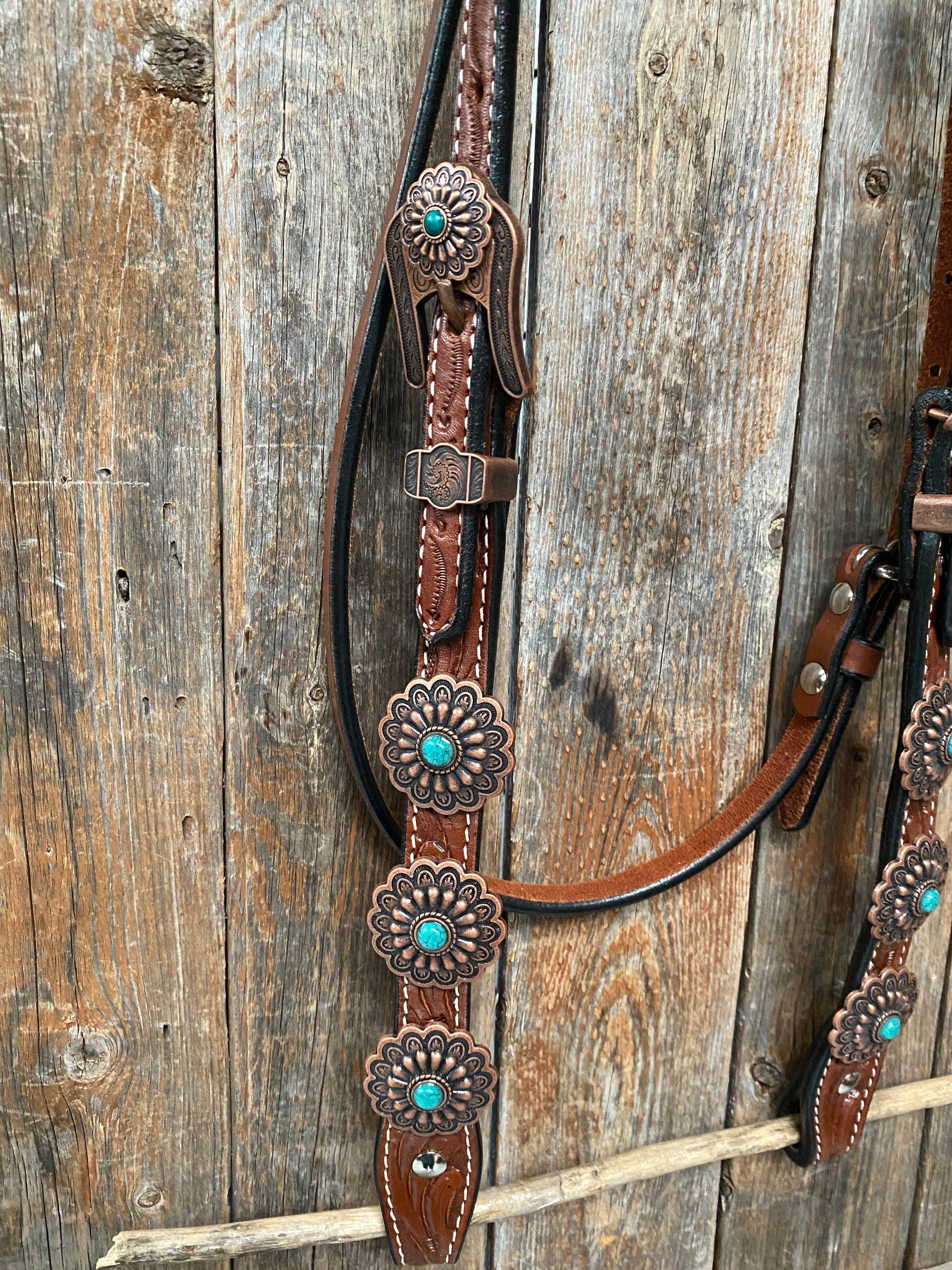 Medium Oil Copper Turquoise Browband Tack Set #BBBC468 — view 6