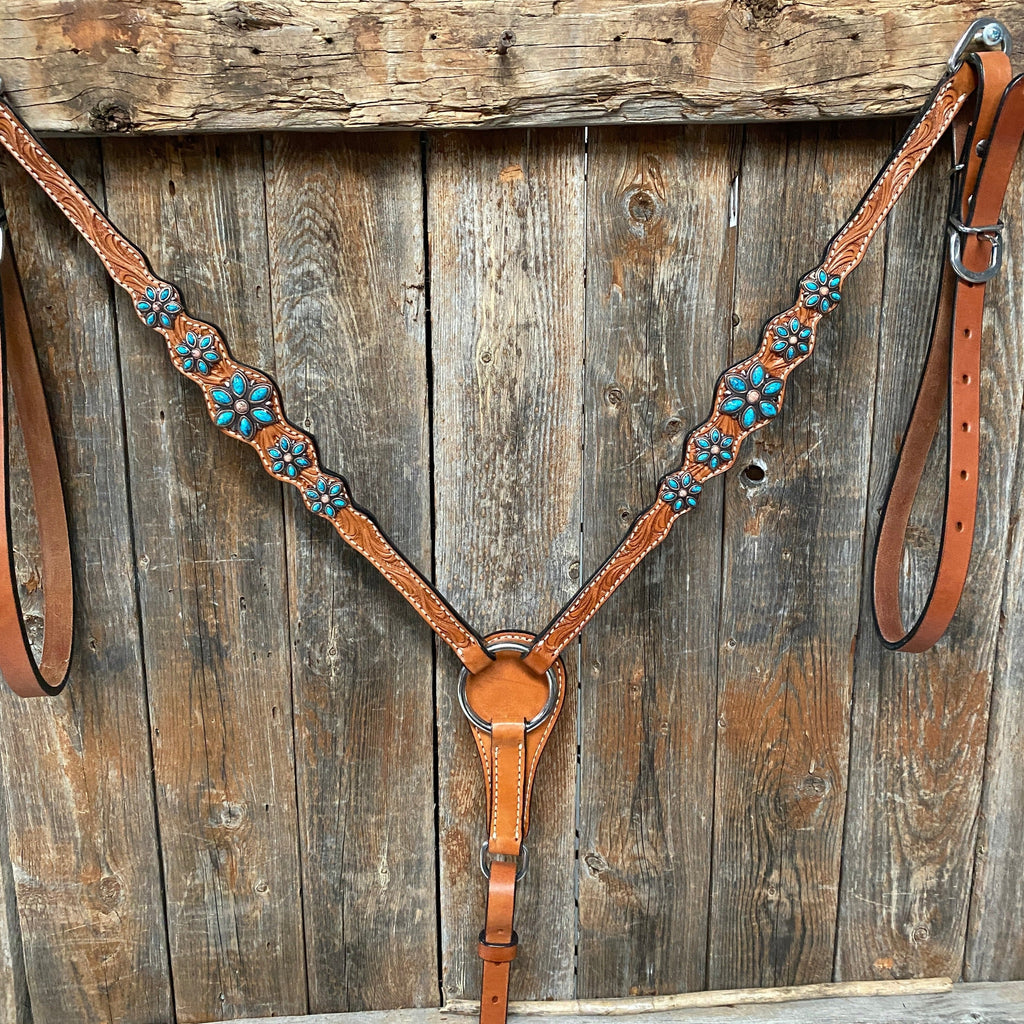 Light Floral Turquoise Browband/One Ear Tack Set with Wither Strap #BBBC469 — view 5