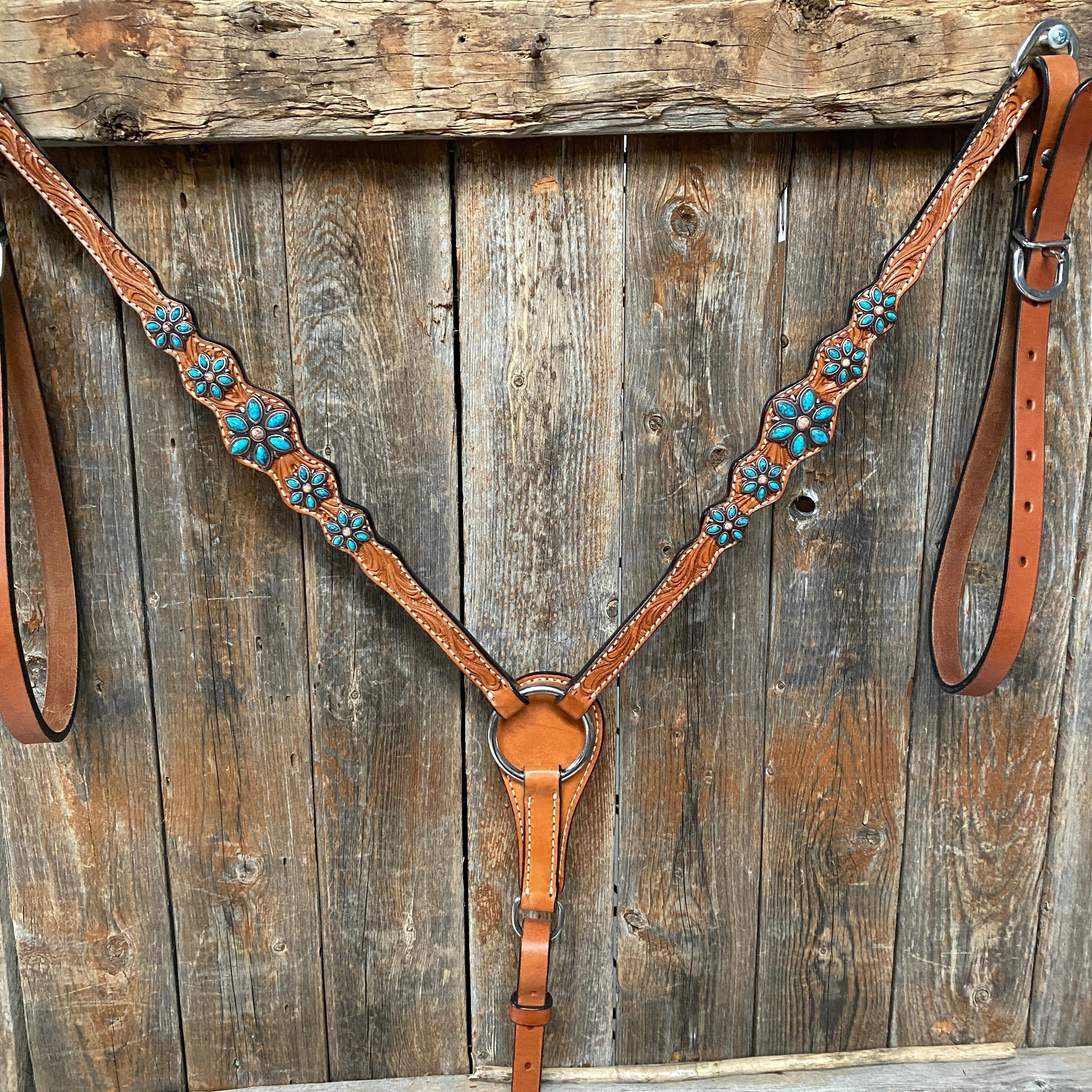 Light Floral Turquoise Browband/One Ear Tack Set with Wither Strap #BBBC469 — view 5