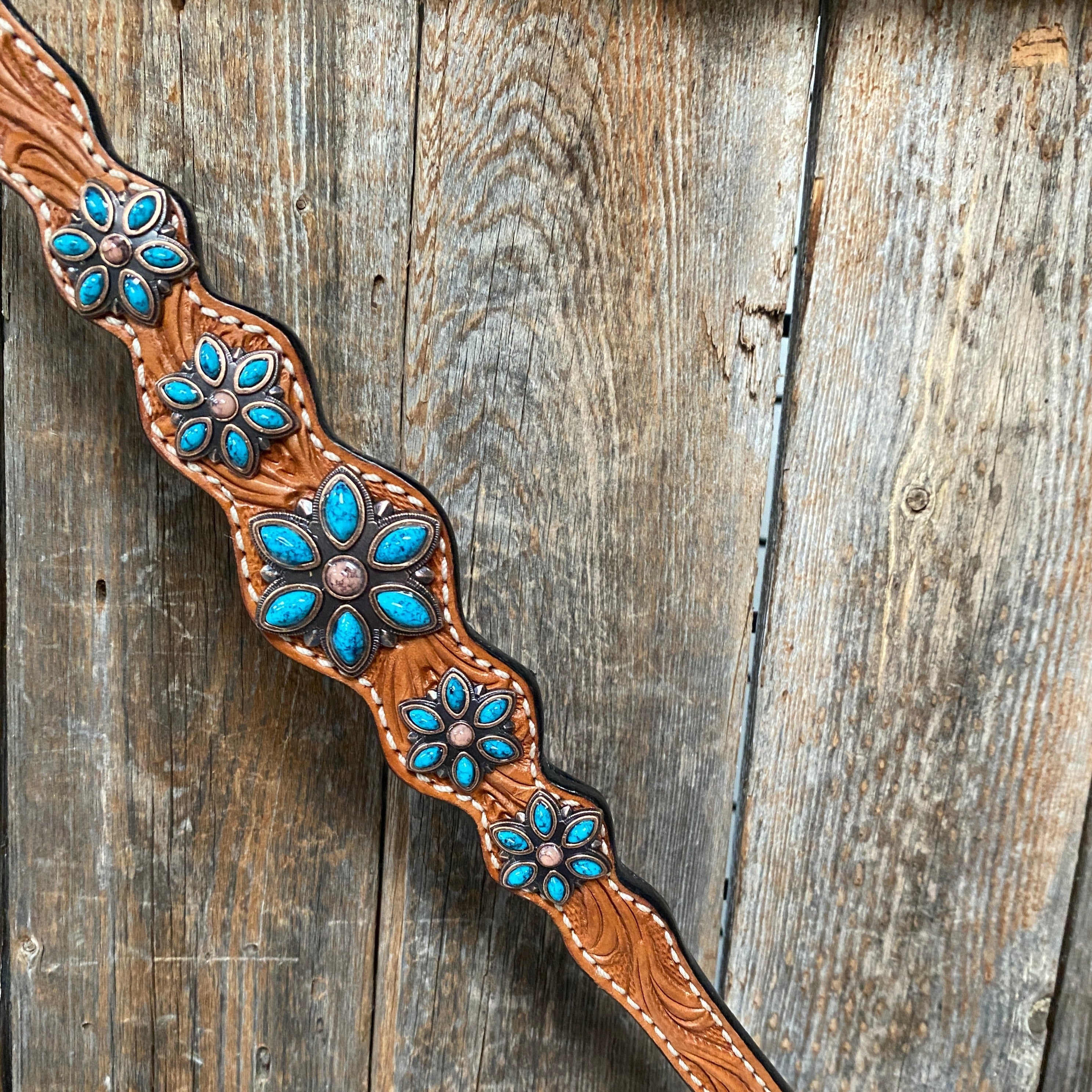 Light Floral Turquoise Browband/One Ear Tack Set with Wither Strap #BBBC469 — view 6