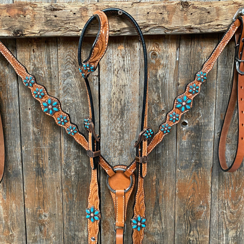 Light Floral Turquoise Browband/One Ear Tack Set with Wither Strap #BBBC469 — view 4
