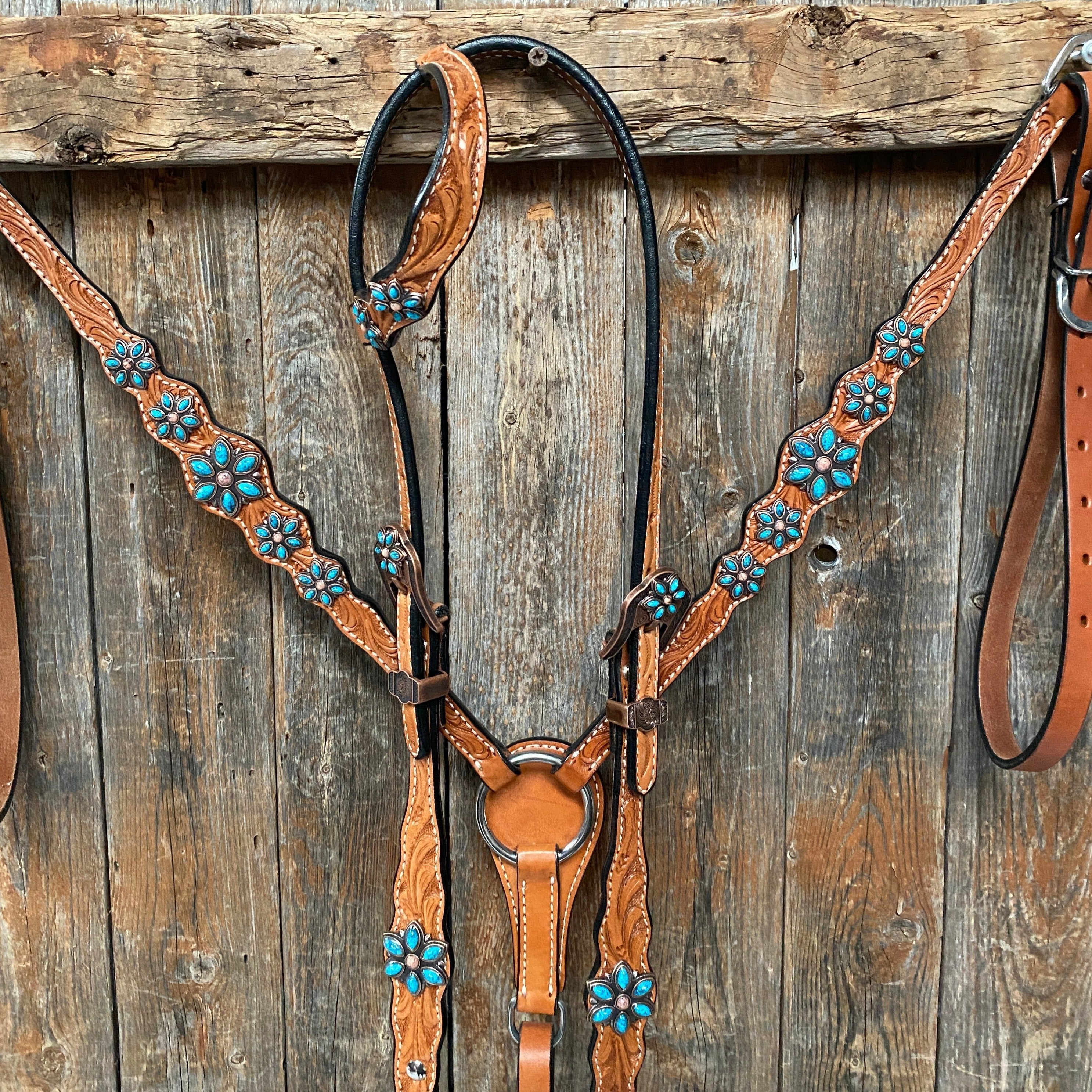 Light Floral Turquoise Browband/One Ear Tack Set with Wither Strap #BBBC469 — view 4