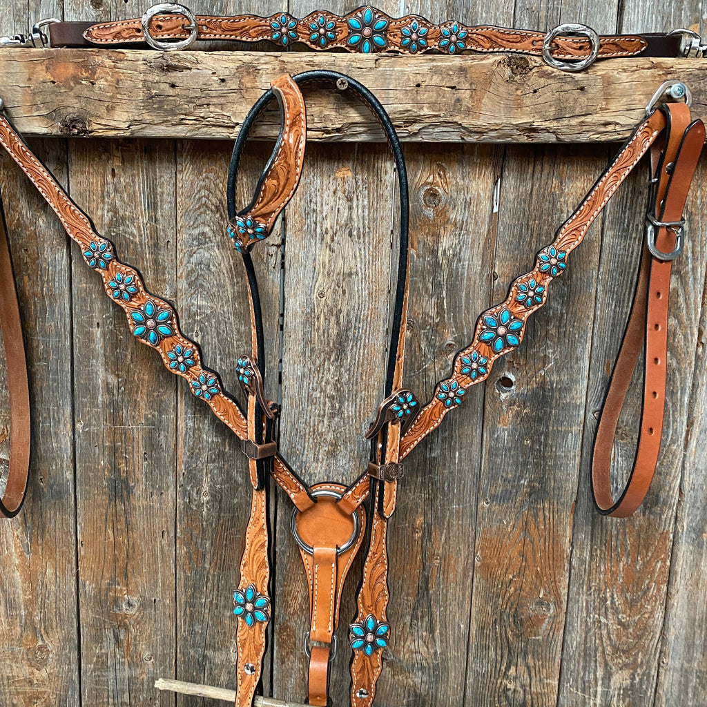 Light Floral Turquoise Browband/One Ear Tack Set with Wither Strap #BBBC469 — view 2