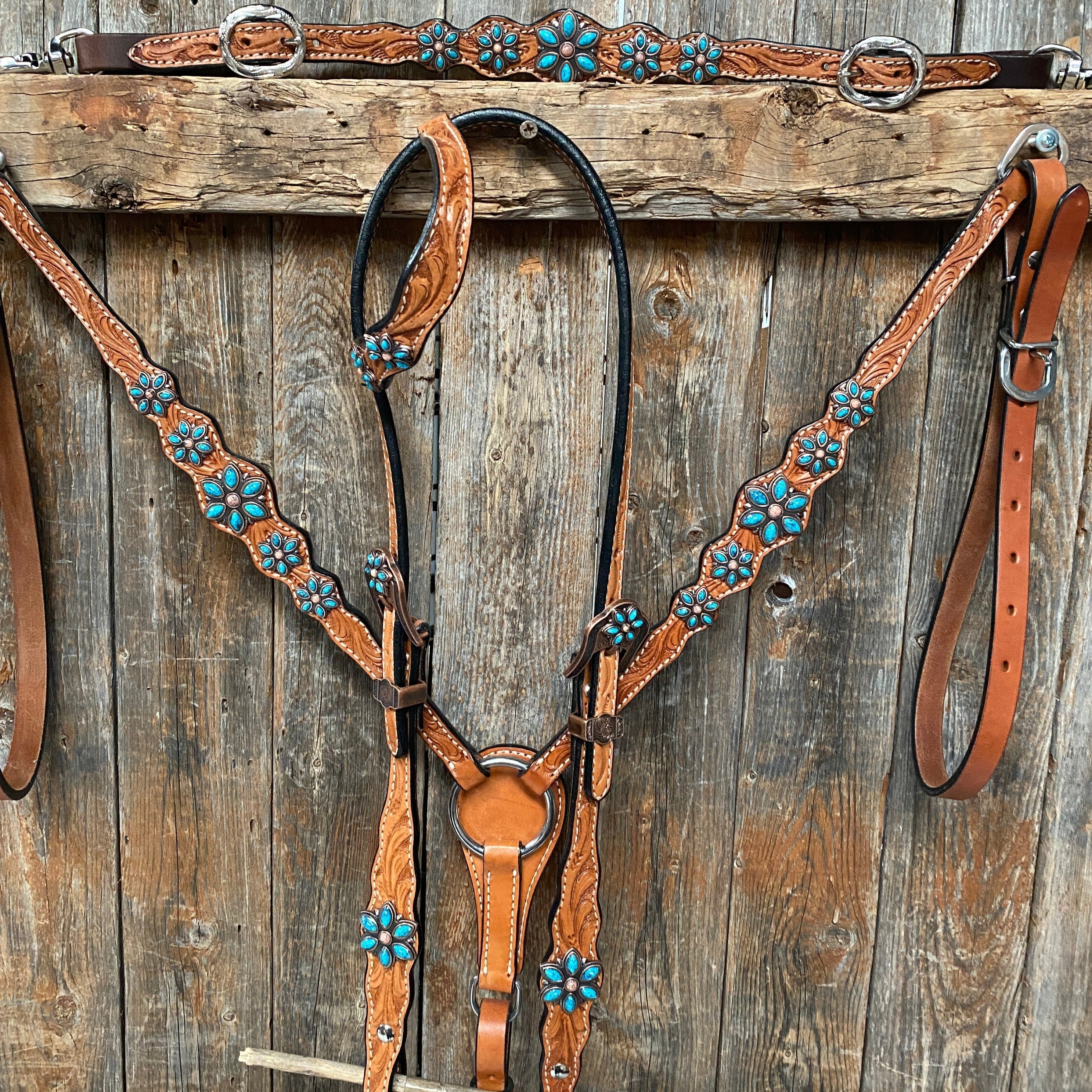 Light Floral Turquoise Browband/One Ear Tack Set with Wither Strap #BBBC469 — view 2