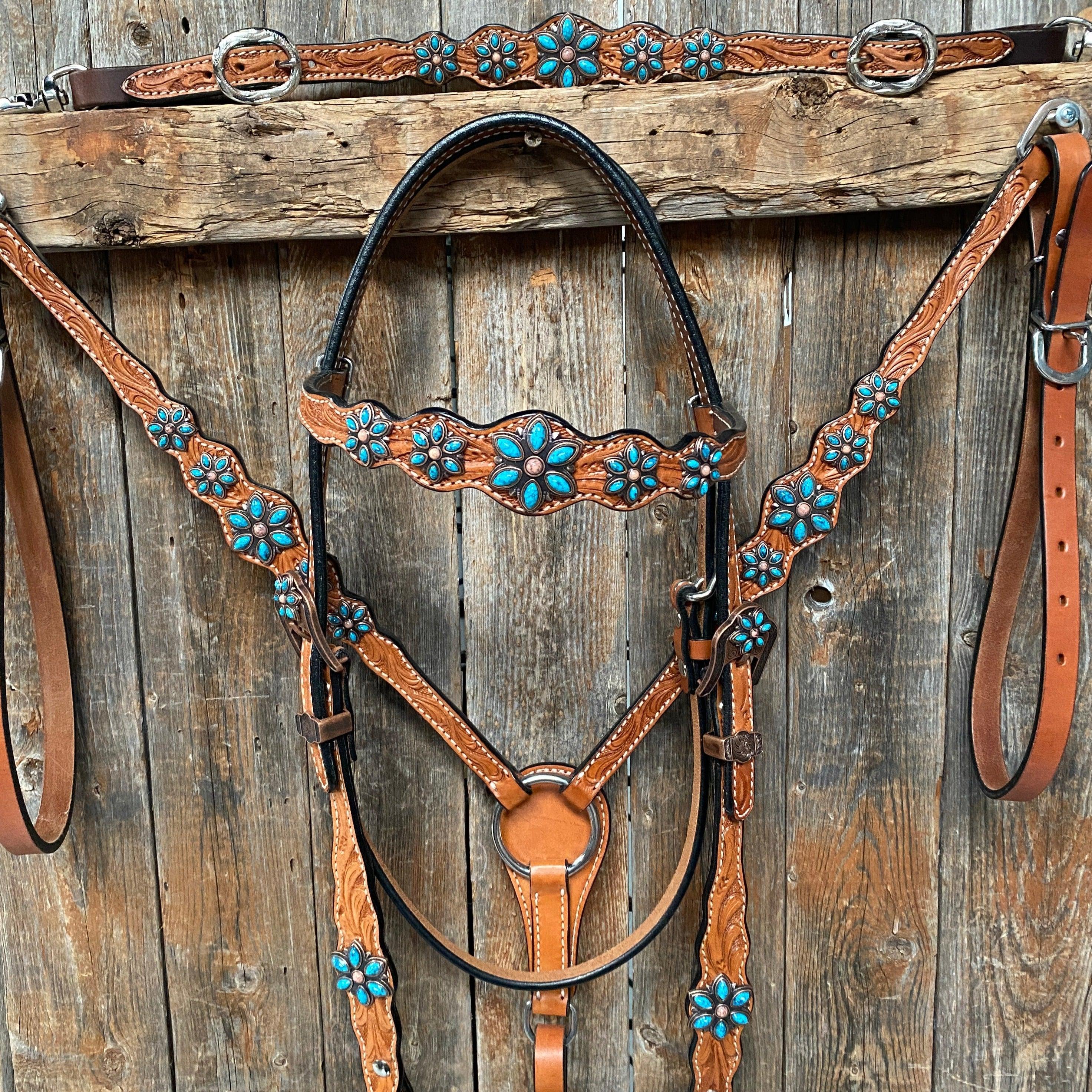 Light Floral Turquoise Browband/One Ear Tack Set with Wither Strap #BBBC469