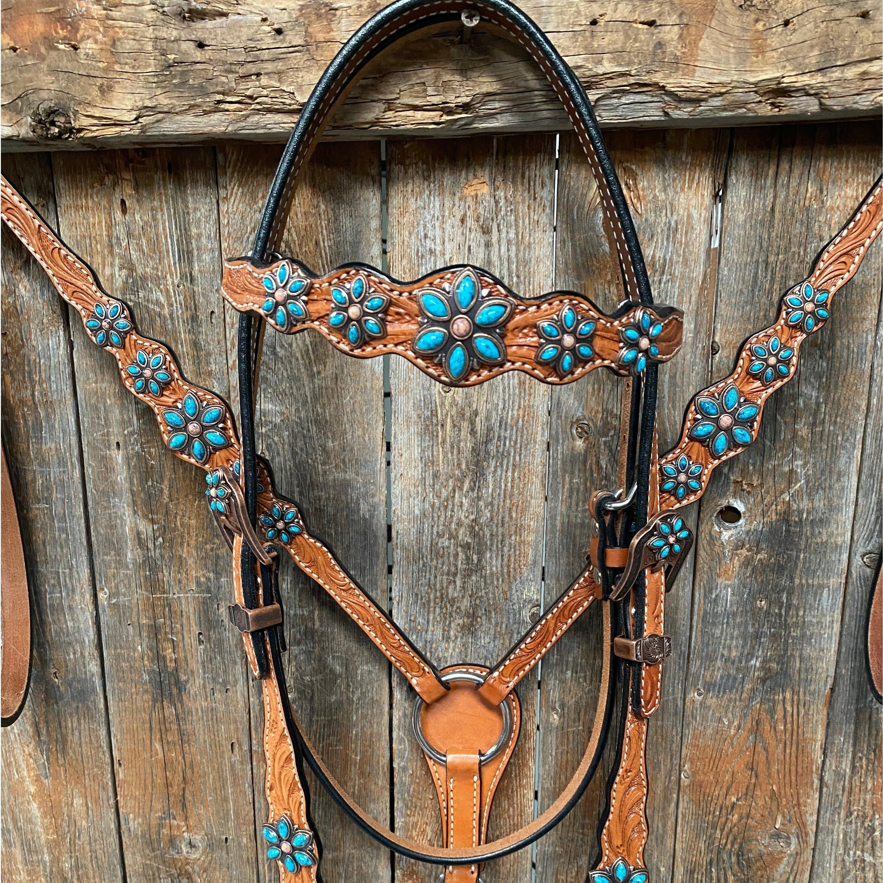 Light Floral Turquoise Browband/One Ear Tack Set with Wither Strap #BBBC469 — view 3