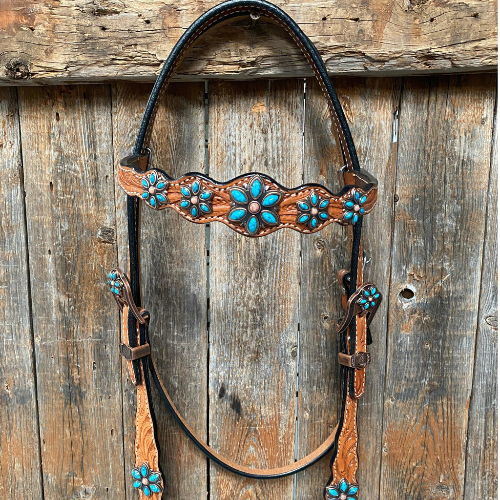 Light Floral Turquoise Browband/One Ear Tack Set with Wither Strap #BBBC469 — view 7