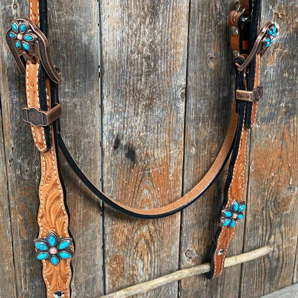 Light Floral Turquoise Browband/One Ear Tack Set with Wither Strap #BBBC469 — view 8