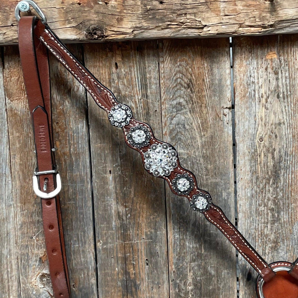 Medium Oil Floral Scalloped Clear Browband / One Ear / Breastcollar Buckstitch Tack Set #BBBC485 — view 6