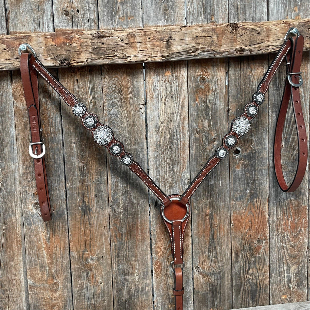 Medium Oil Floral Scalloped Clear Browband / One Ear / Breastcollar Buckstitch Tack Set #BBBC485 — view 4