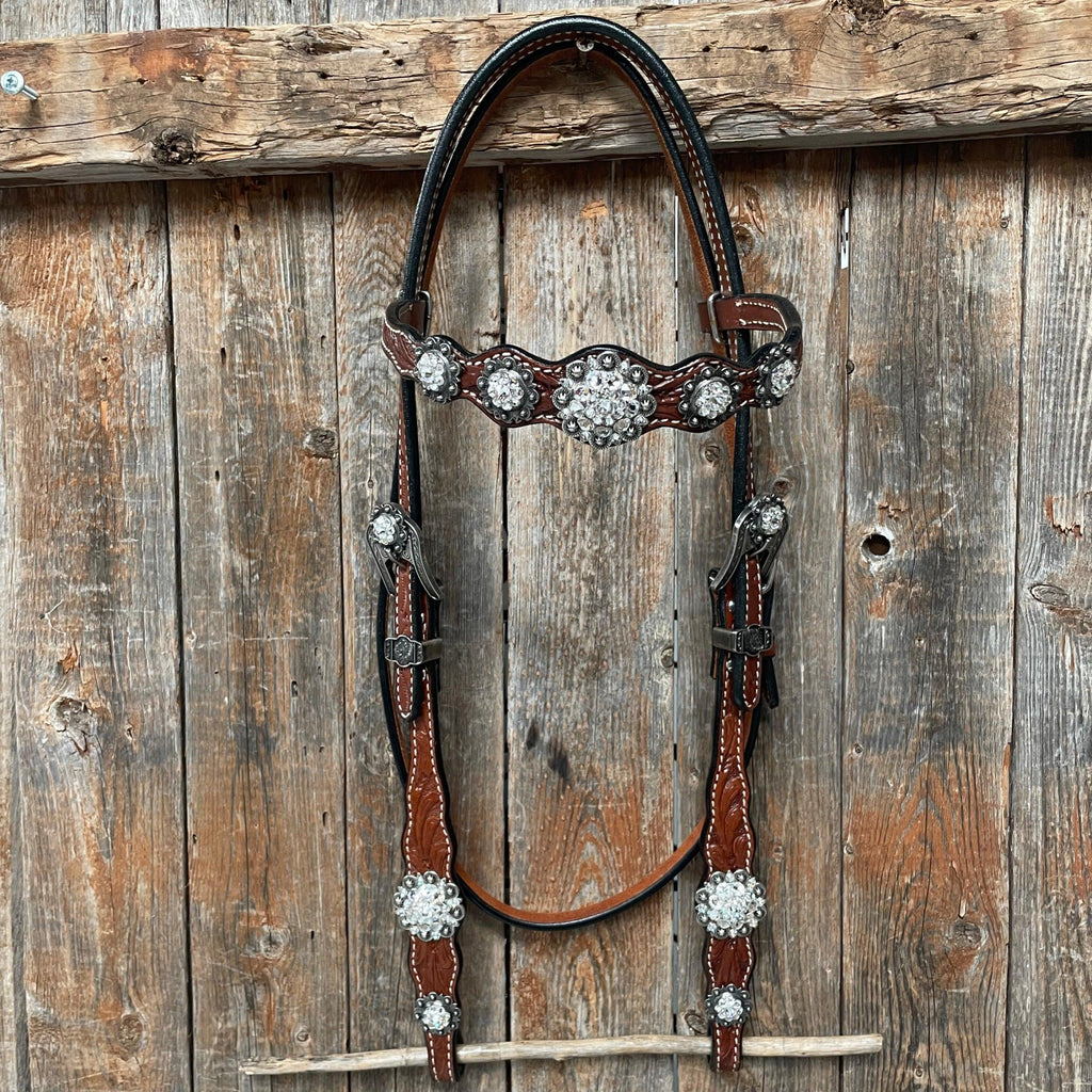 Medium Oil Floral Scalloped Clear Browband / One Ear / Breastcollar Buckstitch Tack Set #BBBC485 — view 3