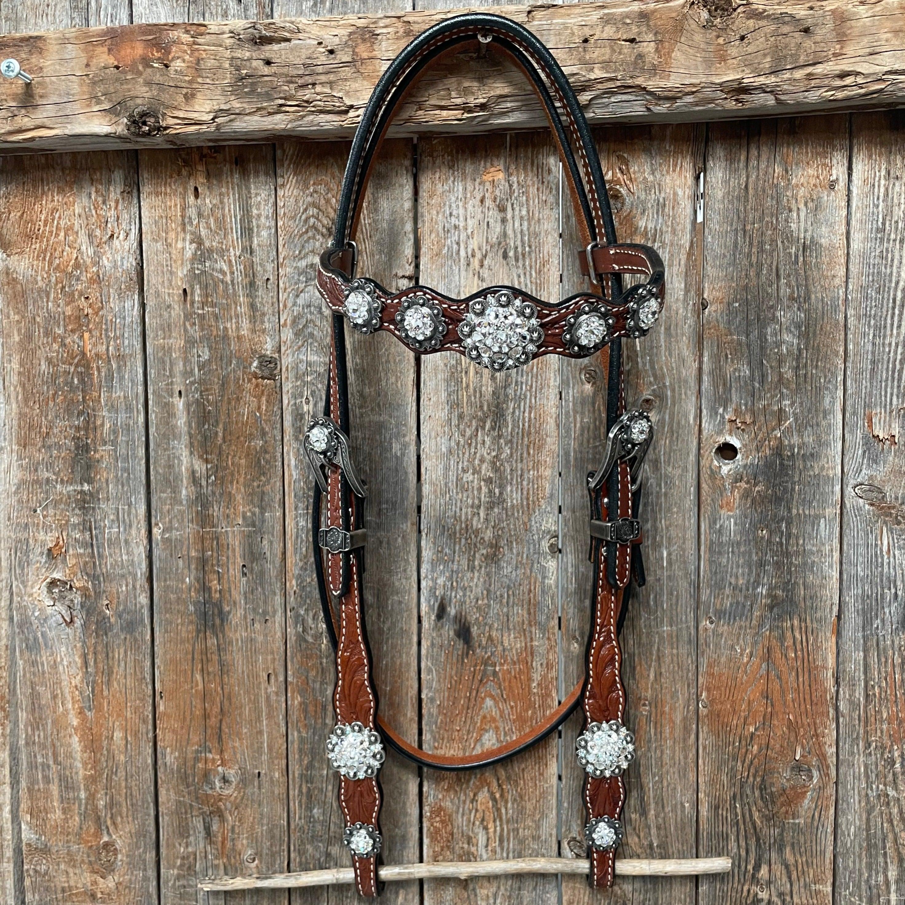 Medium Oil Floral Scalloped Clear Browband / One Ear / Breastcollar Buckstitch Tack Set #BBBC485 — view 3