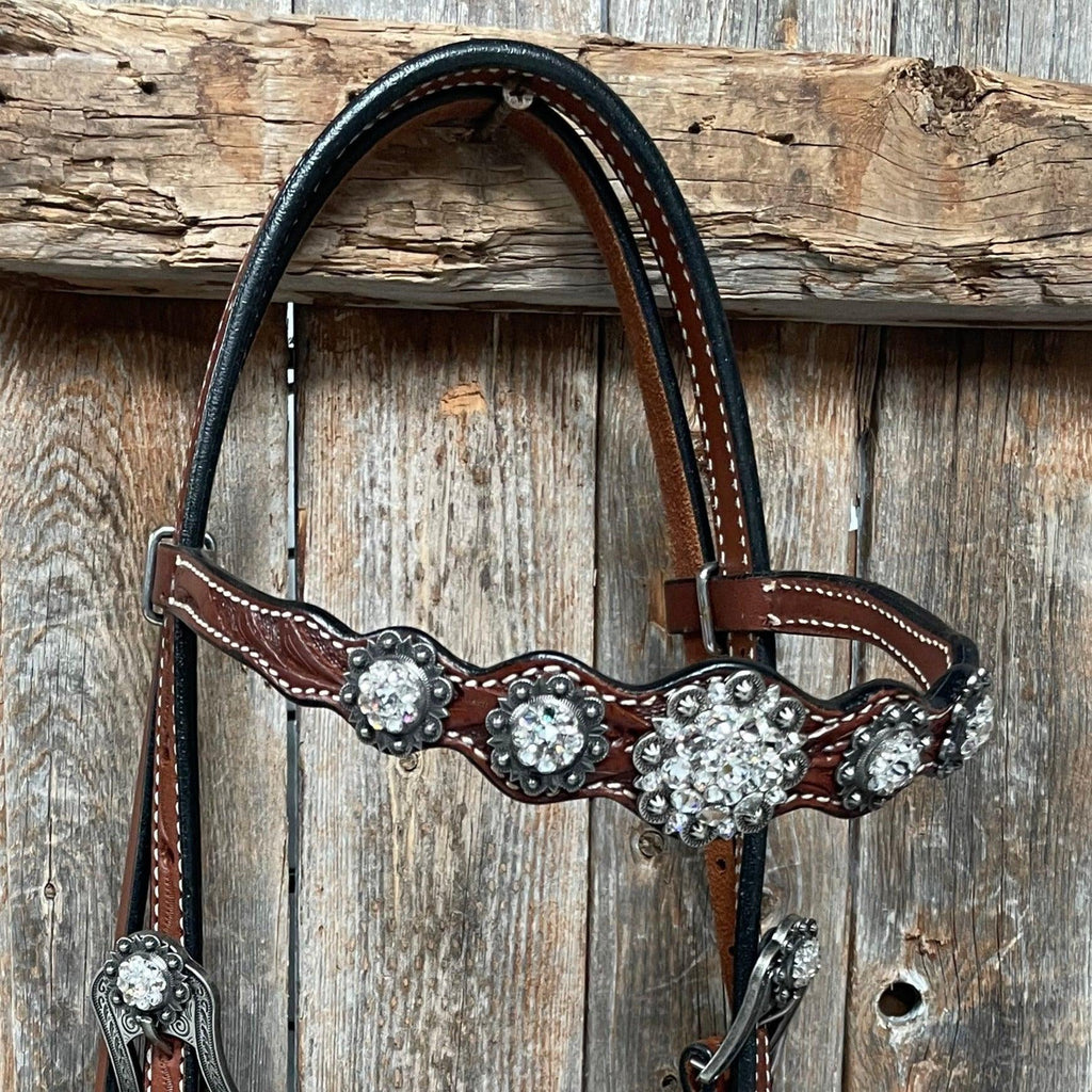Medium Oil Floral Scalloped Clear Browband / One Ear / Breastcollar Buckstitch Tack Set #BBBC485 — view 7