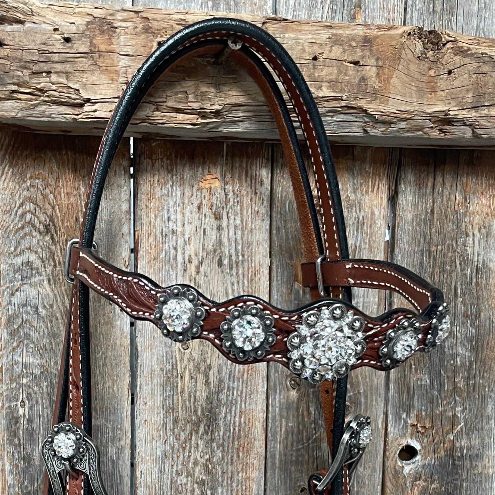 Medium Oil Floral Scalloped Clear Browband / One Ear / Breastcollar Buckstitch Tack Set #BBBC485 — view 7
