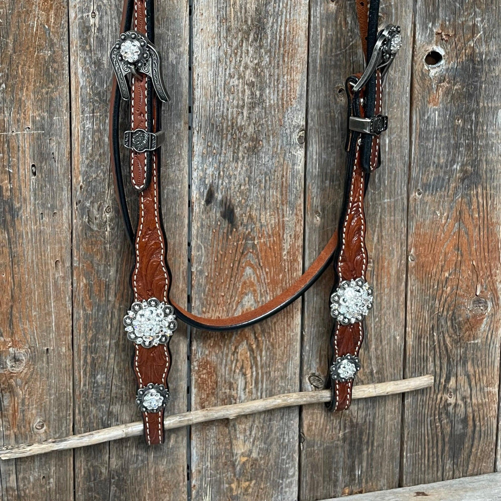 Medium Oil Floral Scalloped Clear Browband / One Ear / Breastcollar Buckstitch Tack Set #BBBC485 — view 8