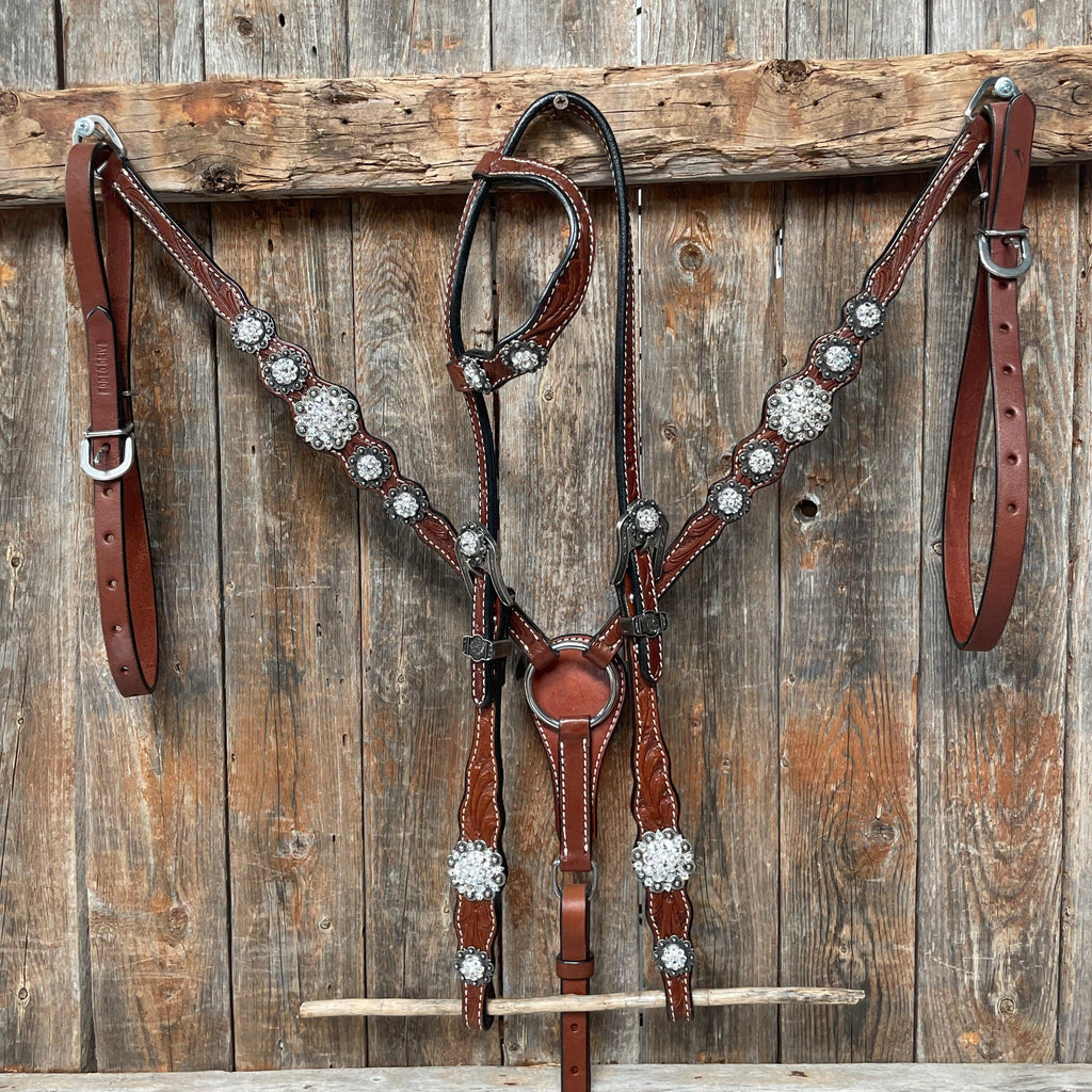 Medium Oil Floral Scalloped Clear Browband / One Ear / Breastcollar Buckstitch Tack Set #BBBC485 — view 2