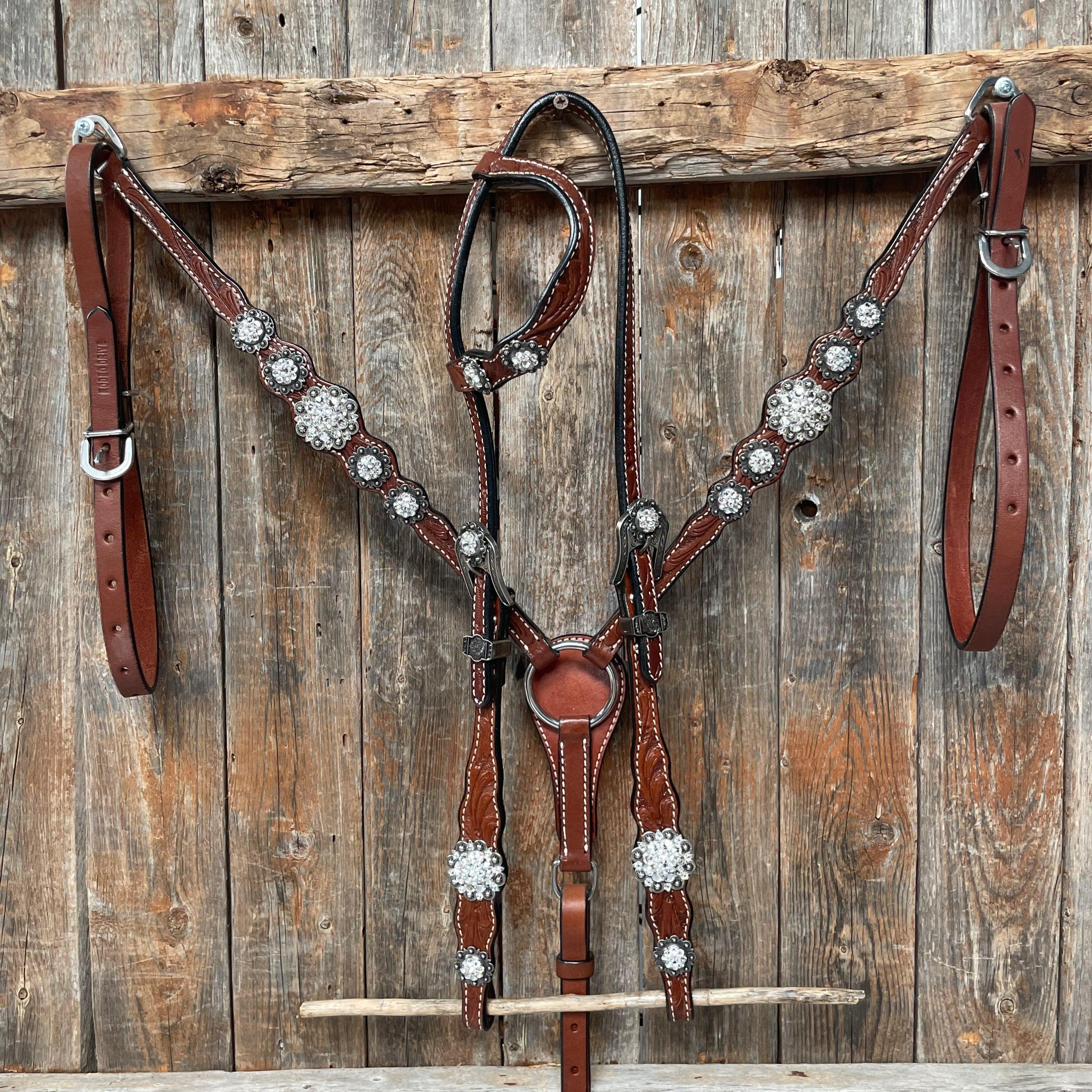 Medium Oil Floral Scalloped Clear Browband / One Ear / Breastcollar Buckstitch Tack Set #BBBC485 — view 2
