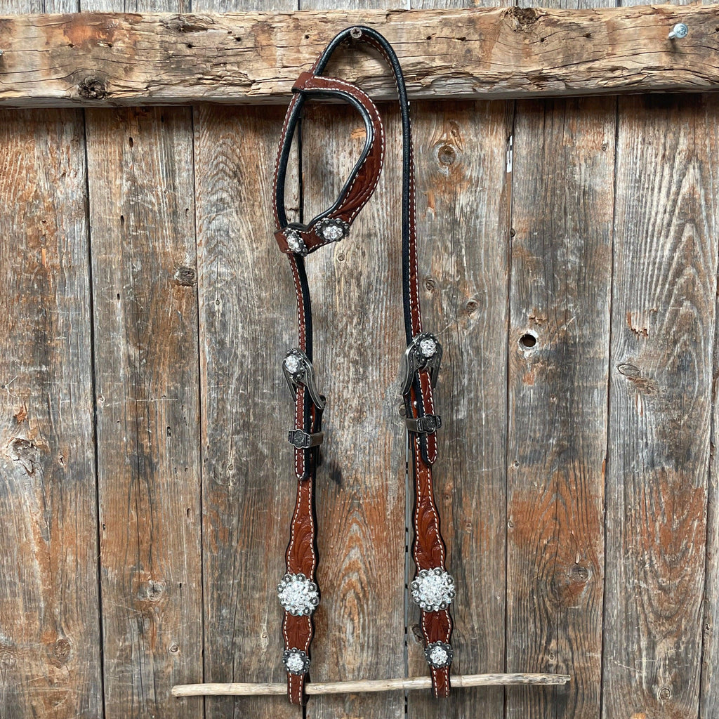 Medium Oil Floral Scalloped Clear Browband / One Ear / Breastcollar Buckstitch Tack Set #BBBC485 — view 5