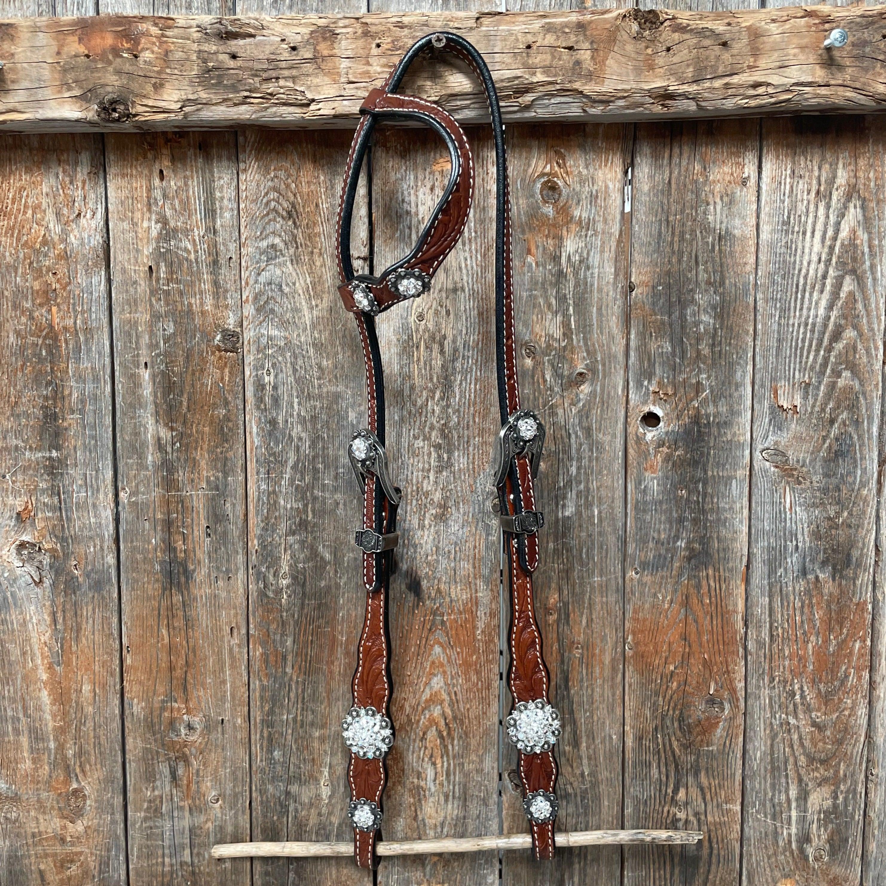 Medium Oil Floral Scalloped Clear Browband / One Ear / Breastcollar Buckstitch Tack Set #BBBC485 — view 5