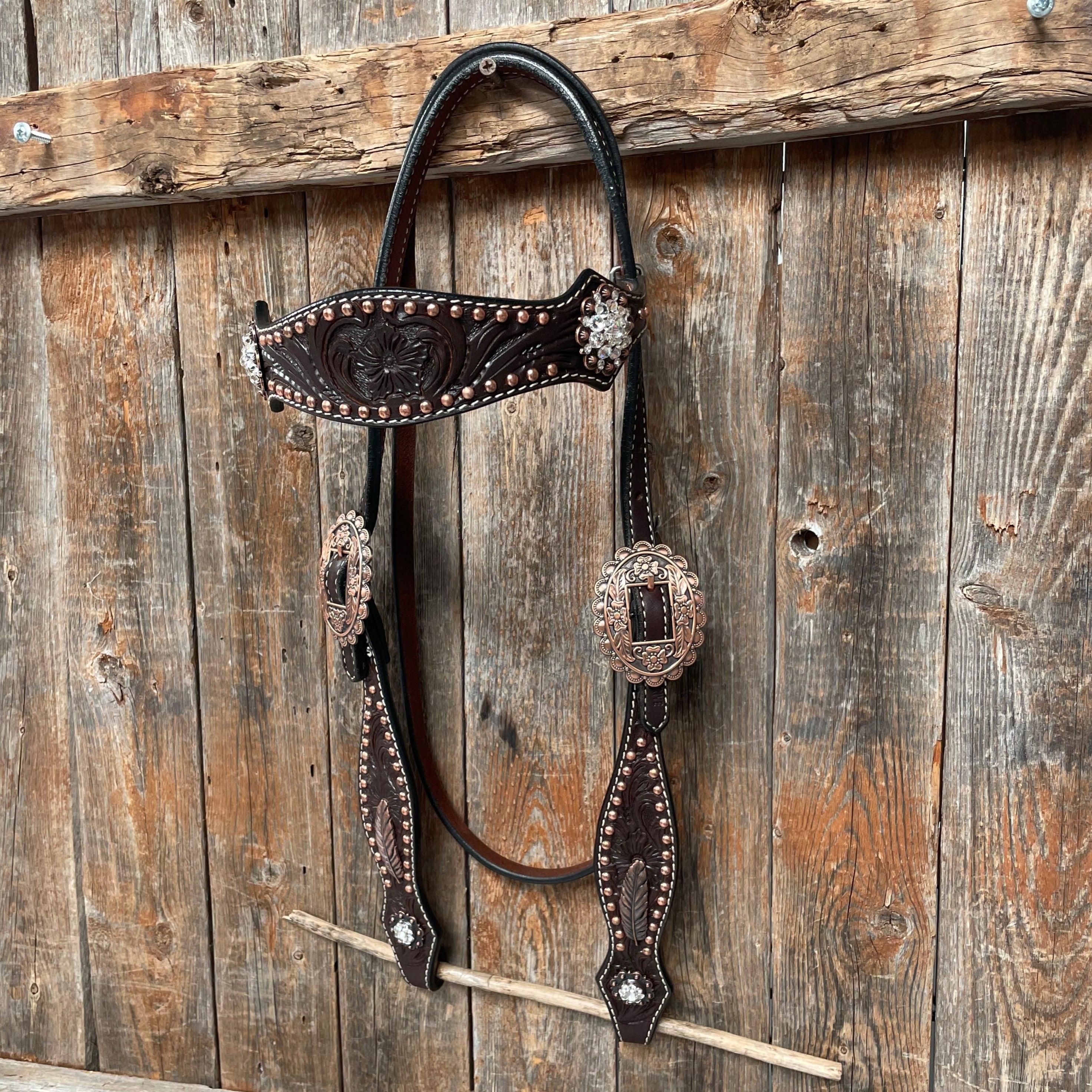 Dark Oil Floral Copper Dot Clear Browband / One Ear / Breastcollar Buckstitch Tack Set #BBBC486 — view 5
